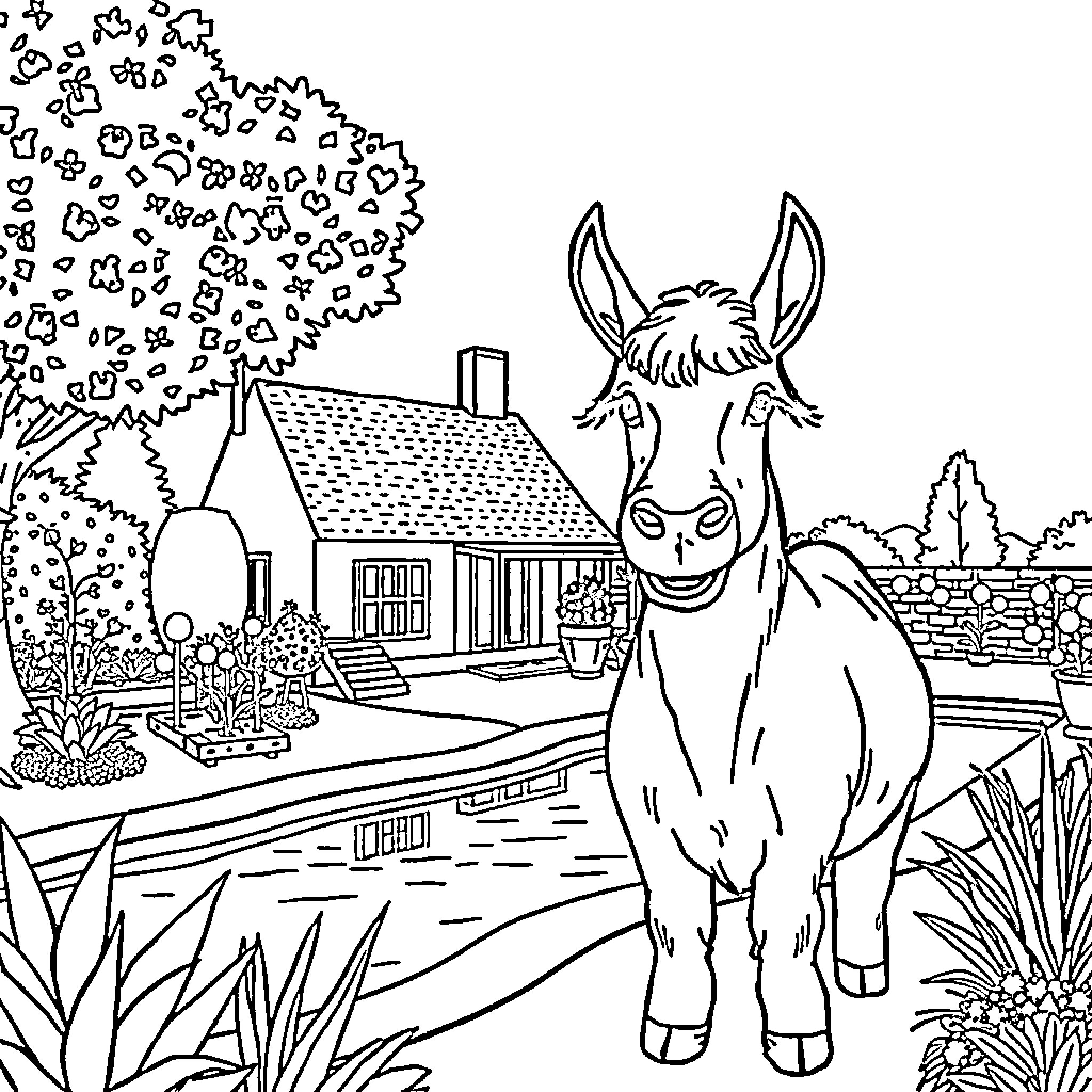 Ane's Playful Donkey in the Country Coloring Page (free black-and-white line drawing printable PDF for all, from beginners to advanced learners, including children, teens, adults, and seniors)