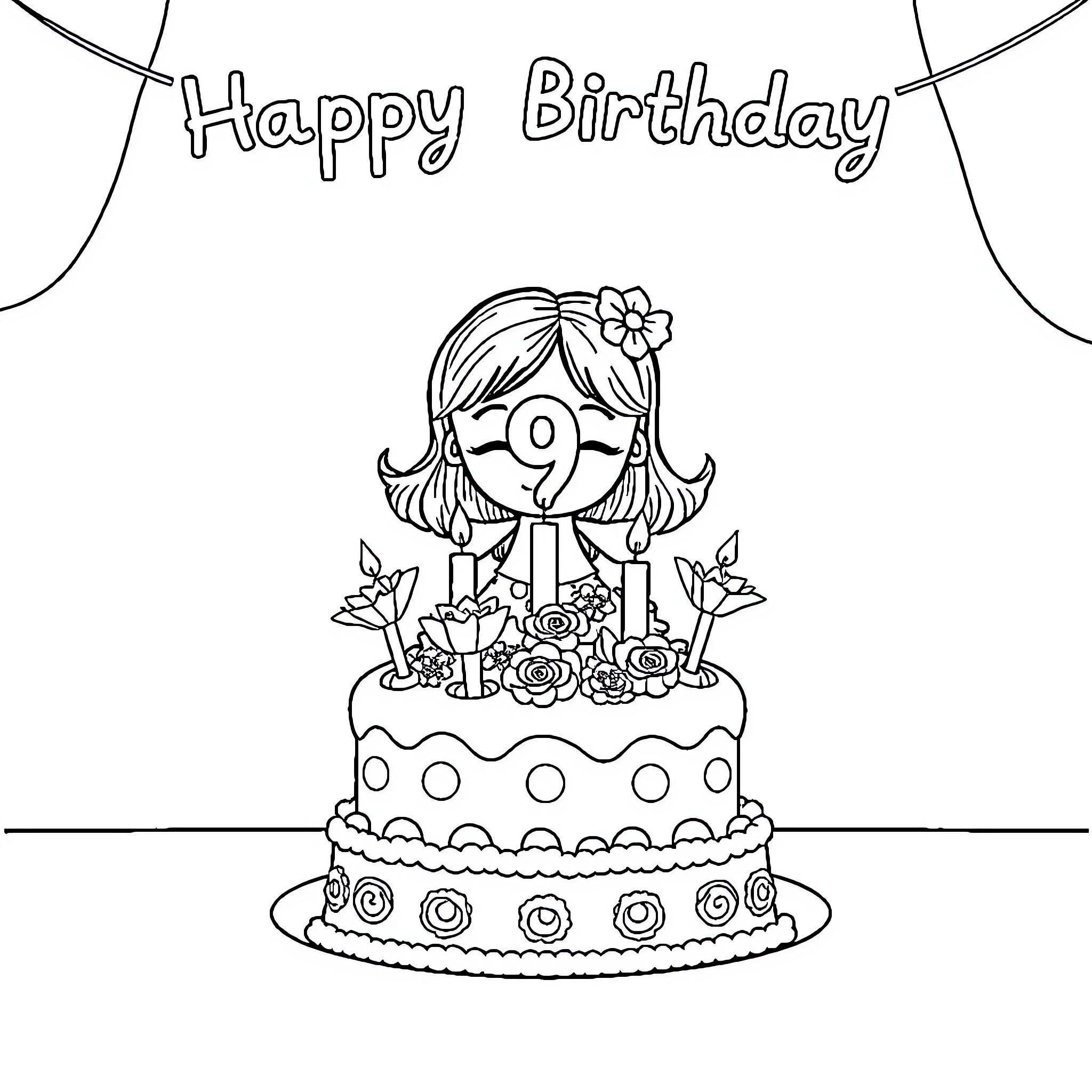 Birthday Celebration with Cake and Flowers Coloring Page (free black-and-white line drawing printable PDF for all, from beginners to advanced learners, including children, teens, adults, and seniors)