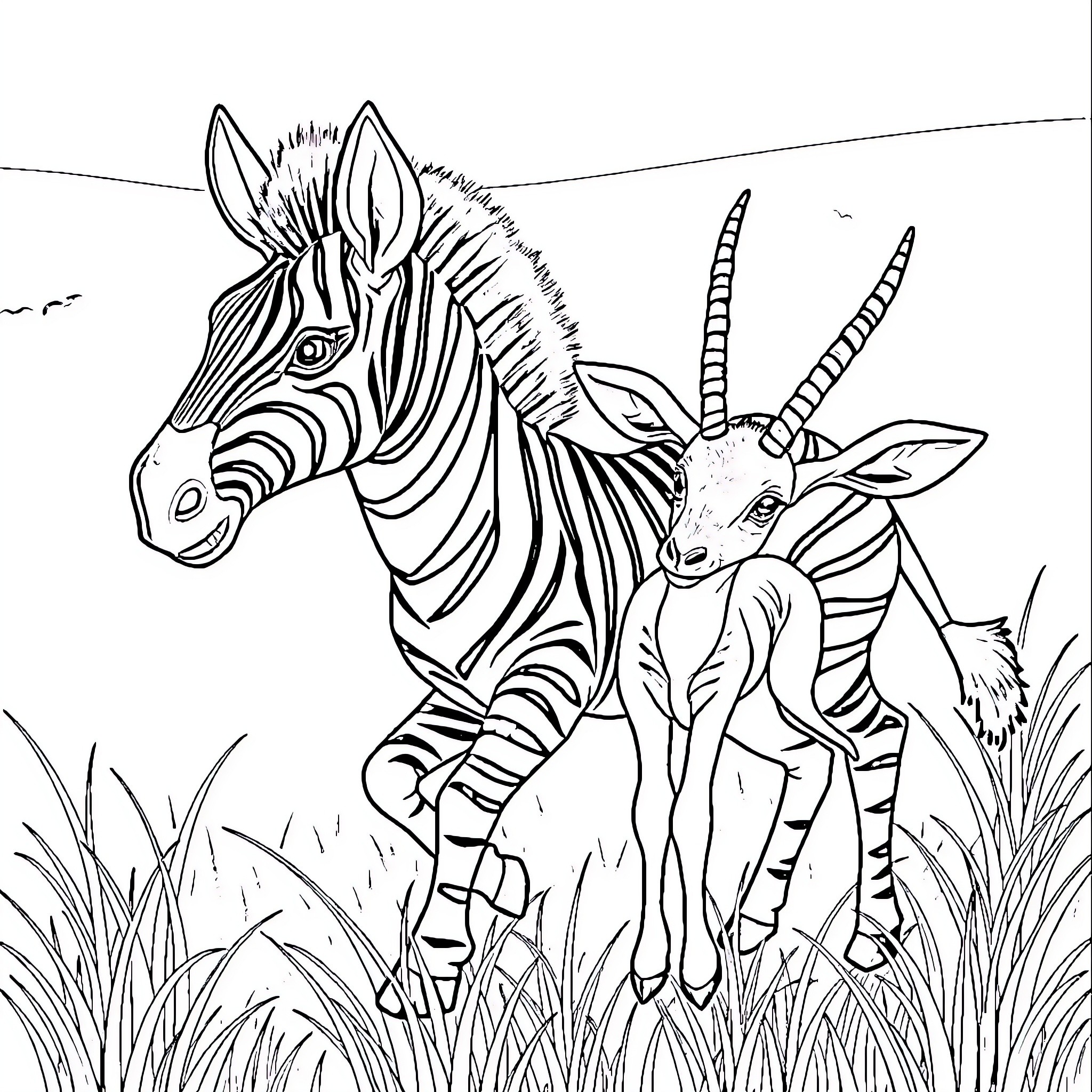 Zebra and baby zebra in nature scene Coloring Page (free black-and-white line drawing printable PDF for all, from beginners to advanced learners, including children, teens, adults, and seniors)