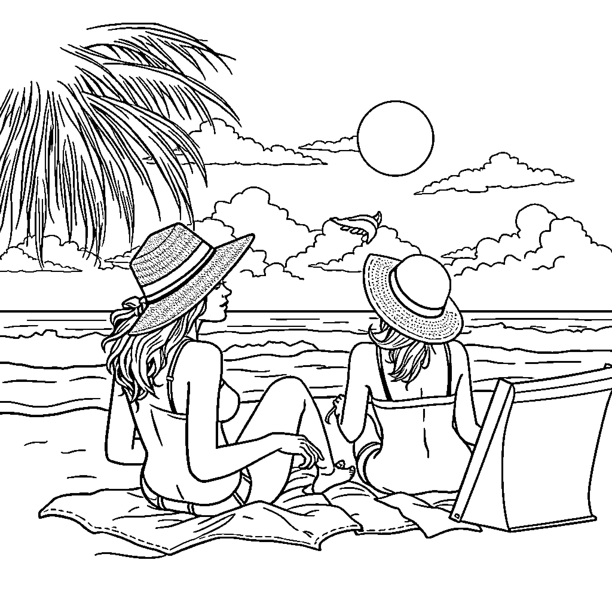 Lady Enjoying Scenic Beachside with Companion Coloring Page (free black-and-white line drawing printable PDF for all, from beginners to advanced learners, including children, teens, adults, and seniors)