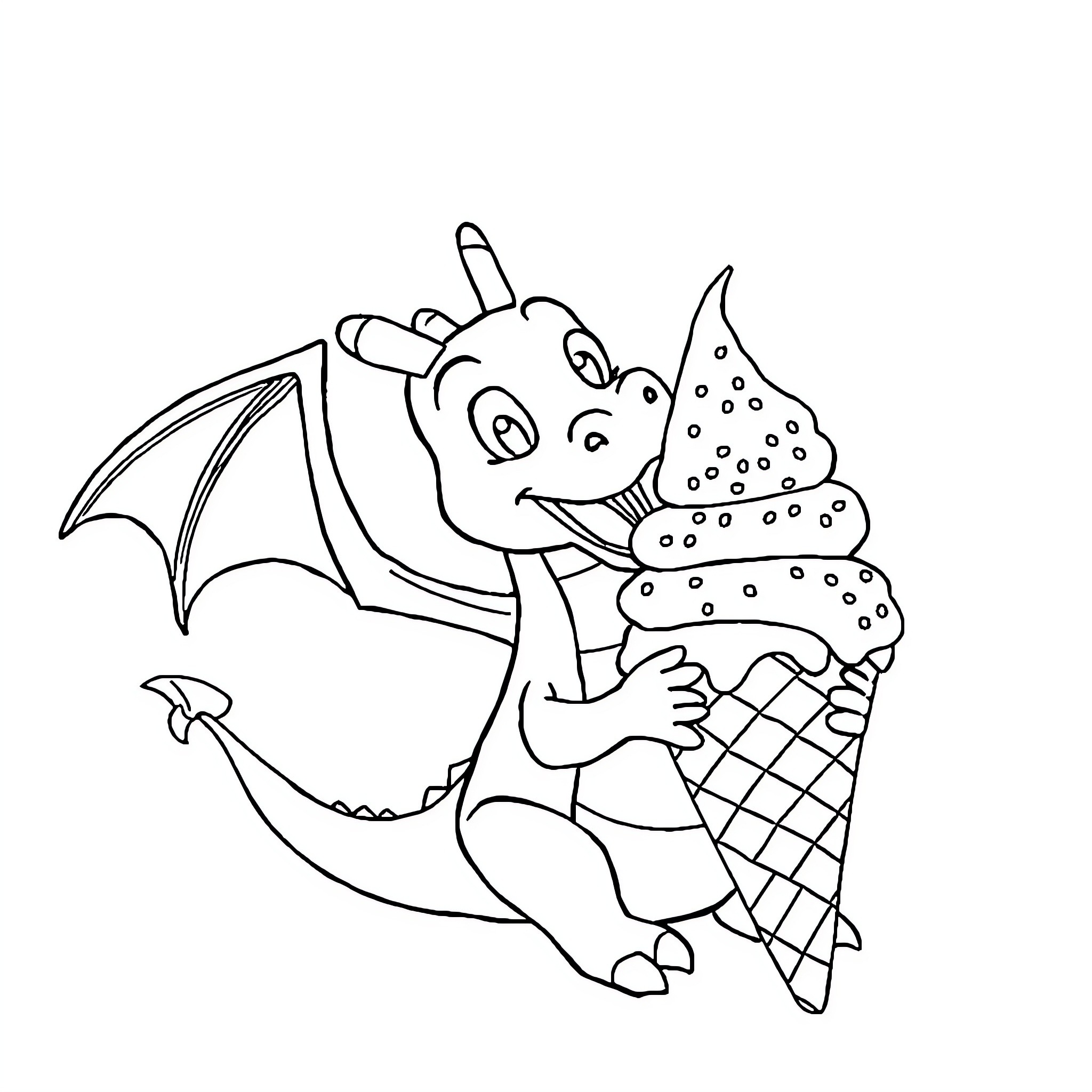 Dragon Enjoying a Delightful Ice Cream Treat Coloring Page (free black-and-white line drawing printable PDF for all, from beginners to advanced learners, including children, teens, adults, and seniors)