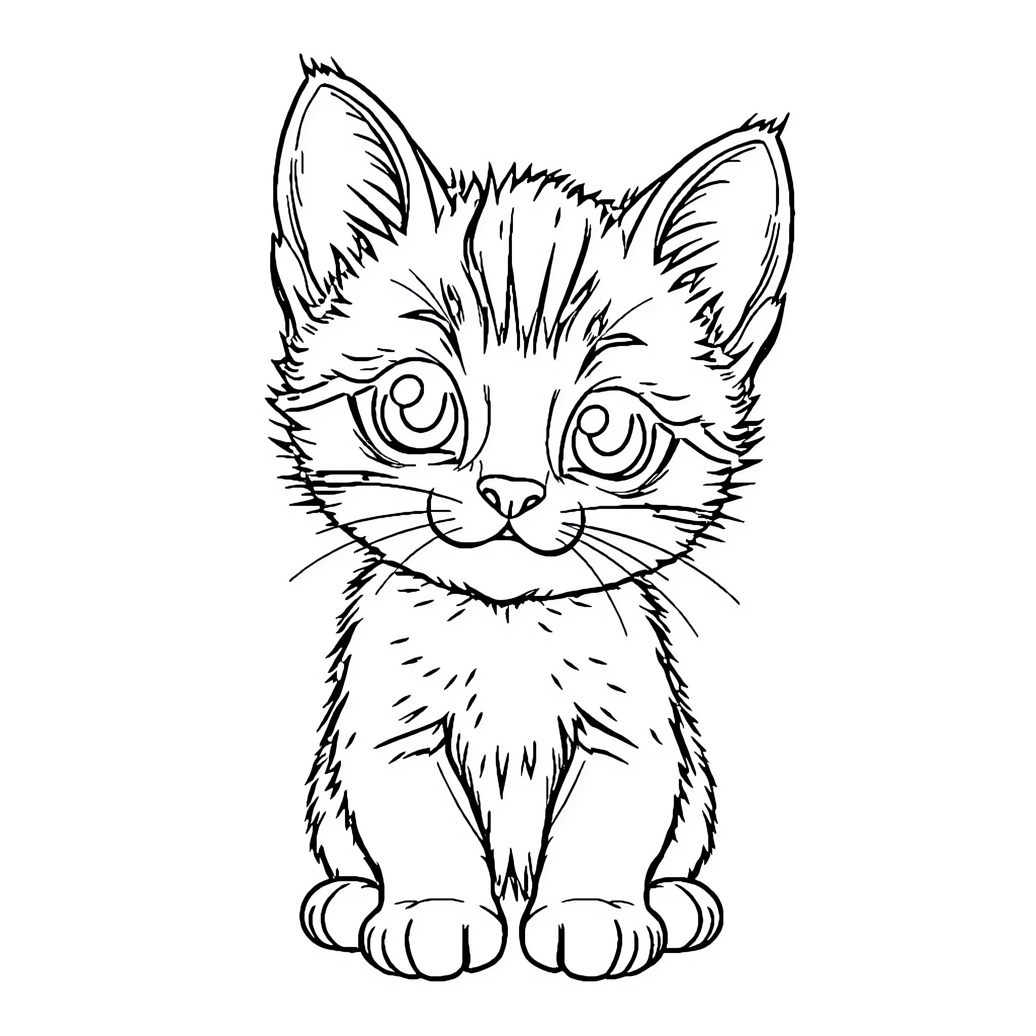 Kitten with curious expression Coloring Page (free black-and-white line drawing printable PDF for all, from beginners to advanced learners, including children, teens, adults, and seniors)