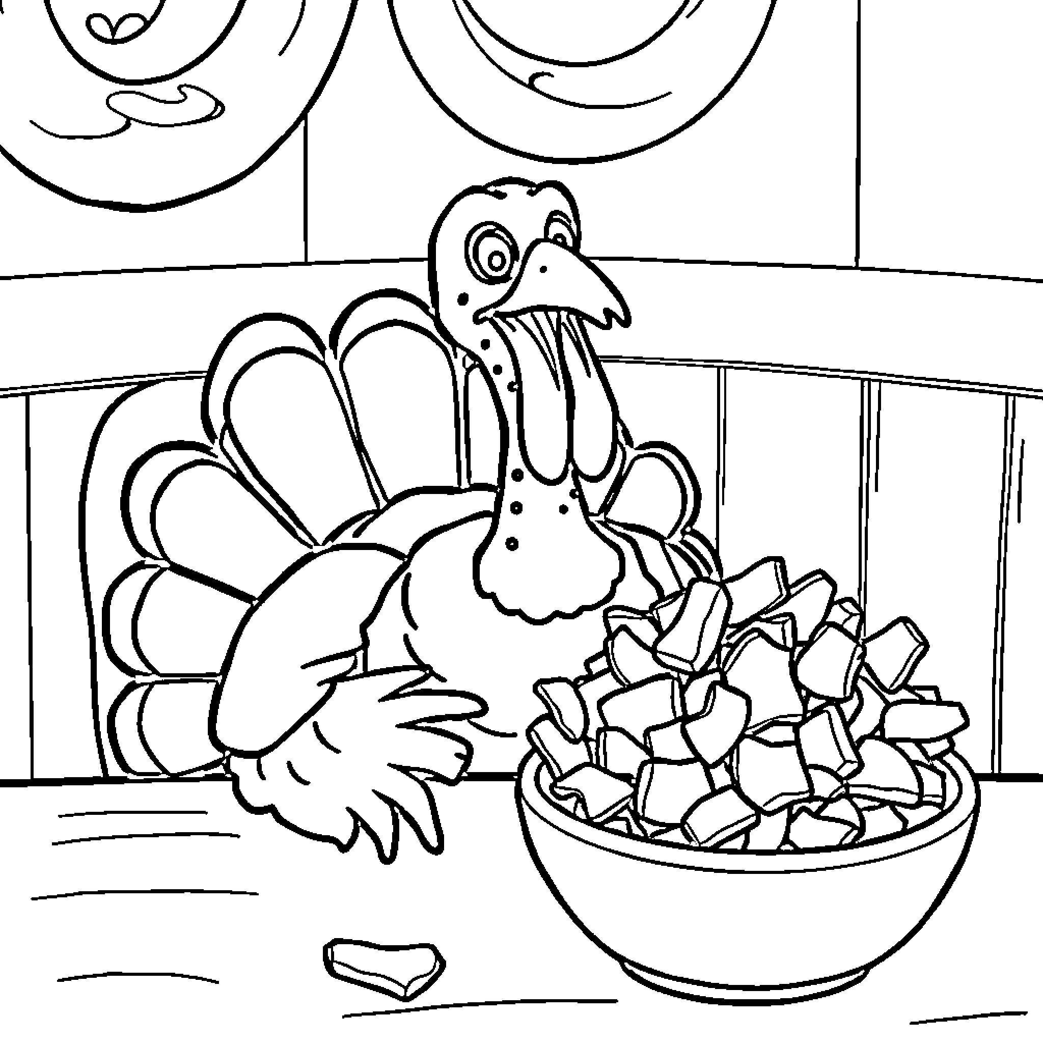 Turkey preparing for Thanksgiving feast Coloring Page (free black-and-white line drawing printable PDF for all, from beginners to advanced learners, including children, teens, adults, and seniors)
