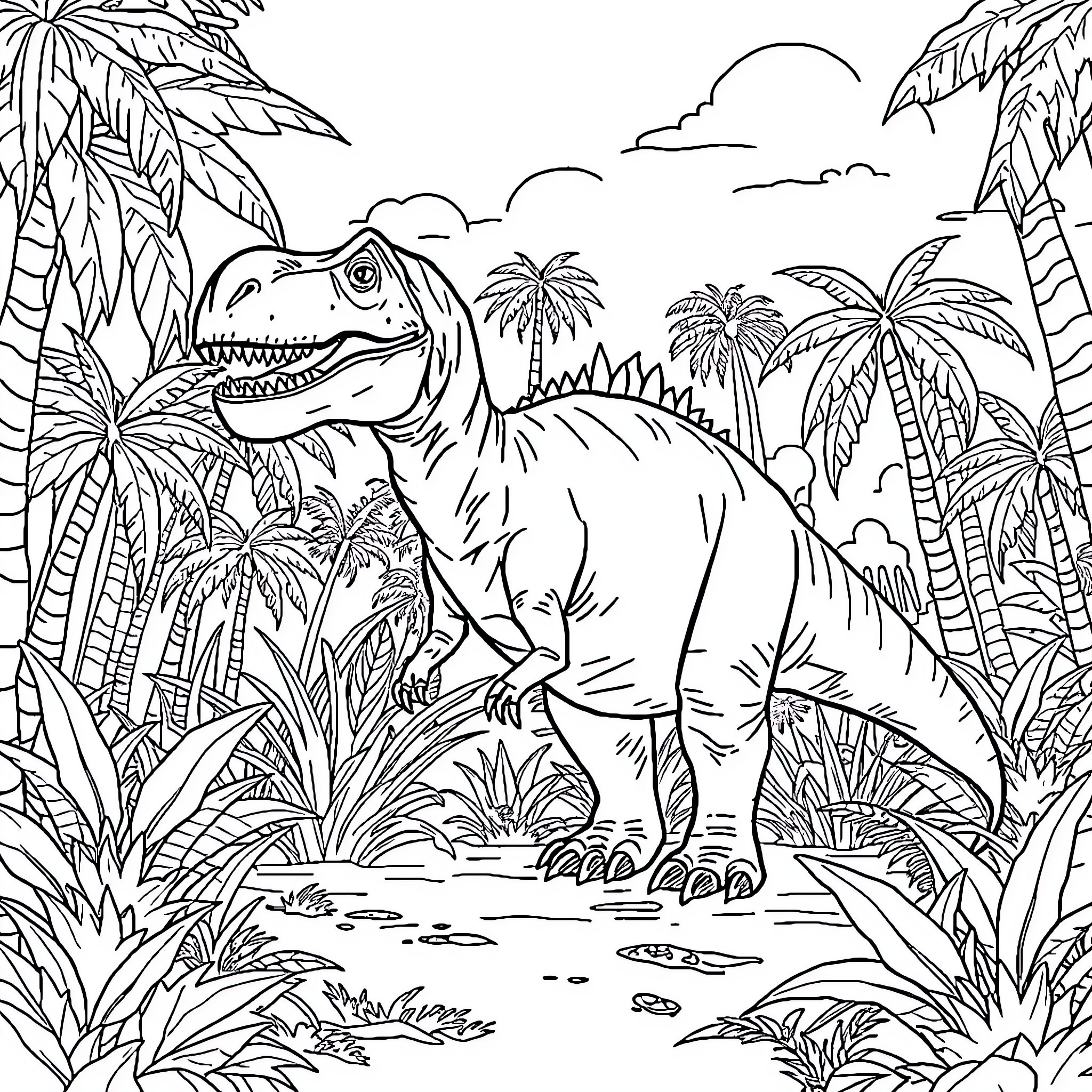 Dinosaur roaming through tropical jungle landscape Coloring Page (free black-and-white line drawing printable PDF for all, from beginners to advanced learners, including children, teens, adults, and seniors)