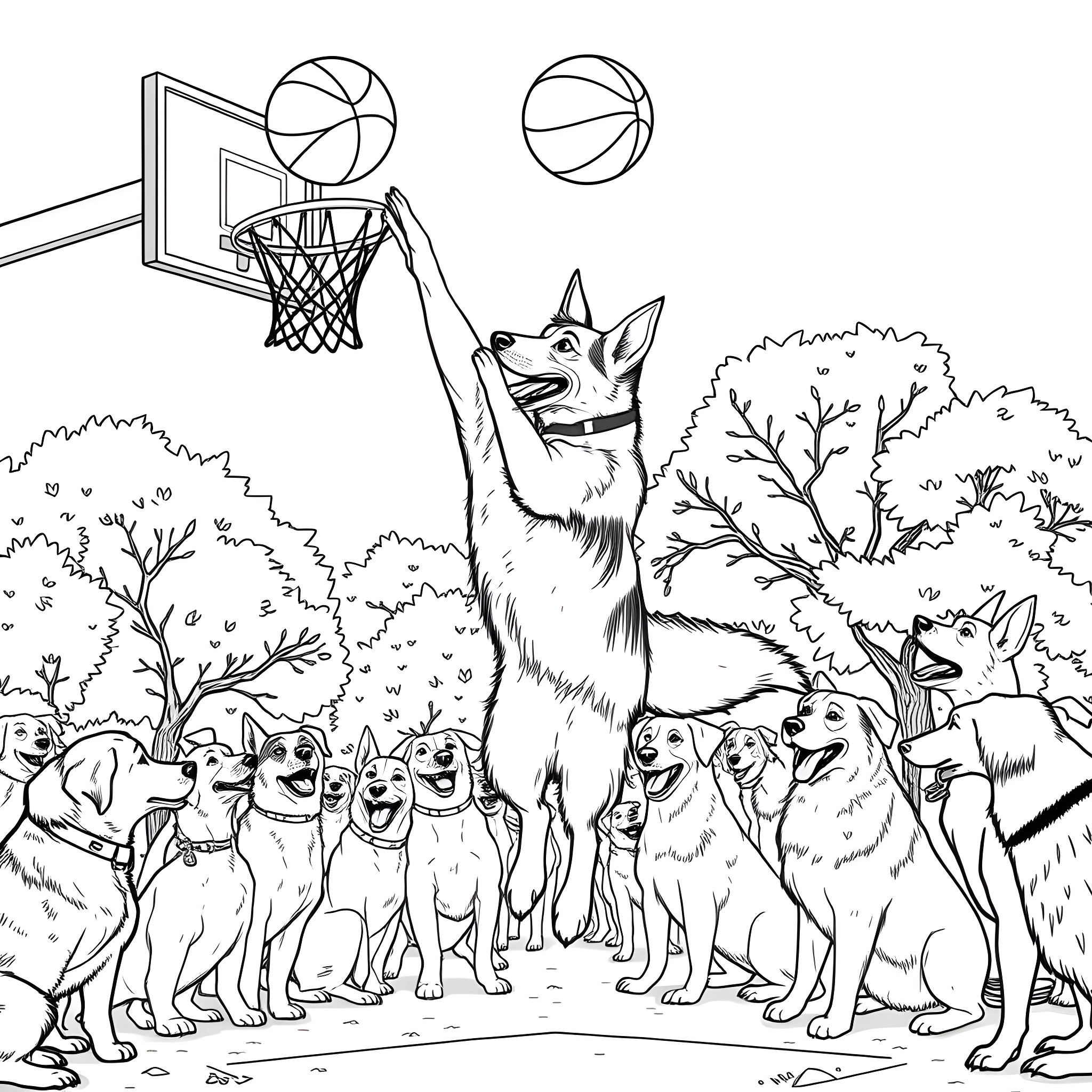 German Shepherd Dogs Playing Basketball in the Park Coloring Page (free black-and-white line drawing printable PDF for all, from beginners to advanced learners, including children, teens, adults, and seniors)