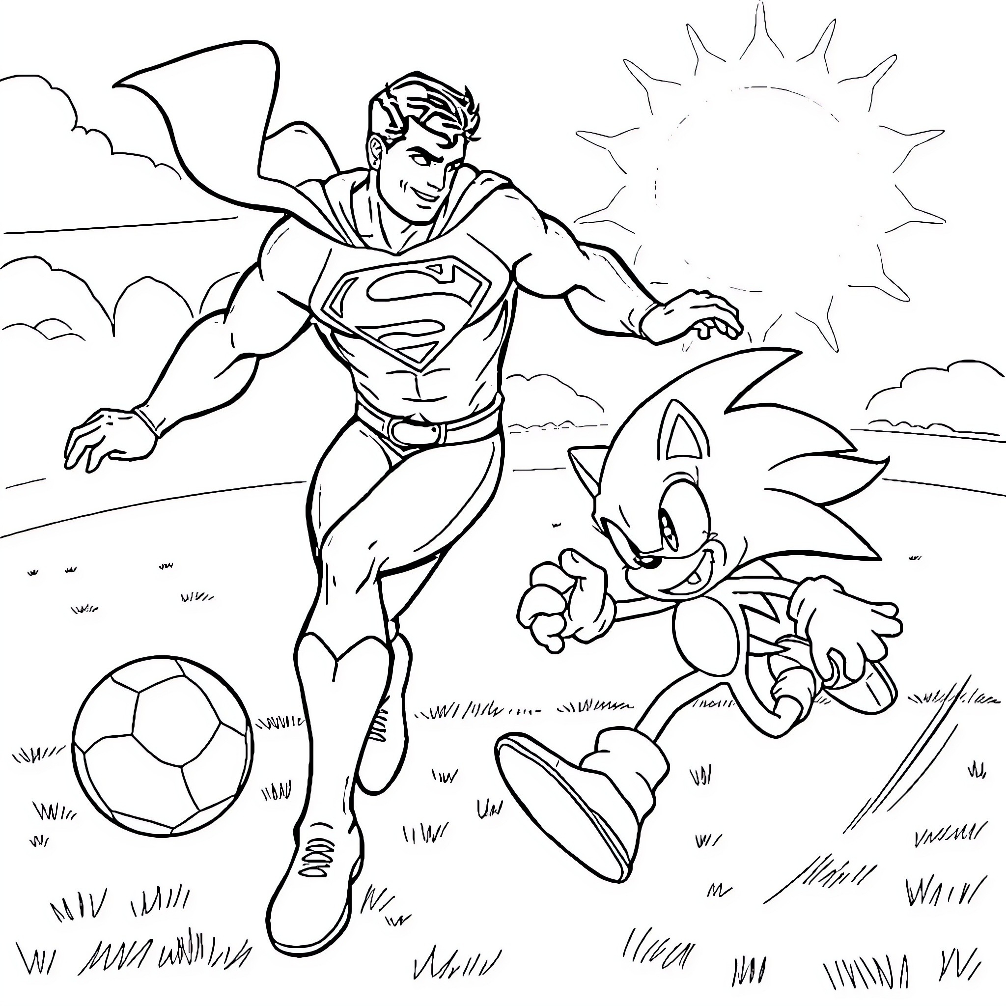 Superman and Sonic the Hedgehog play soccer in the field Coloring Page (free black-and-white line drawing printable PDF for all, from beginners to advanced learners, including children, teens, adults, and seniors)