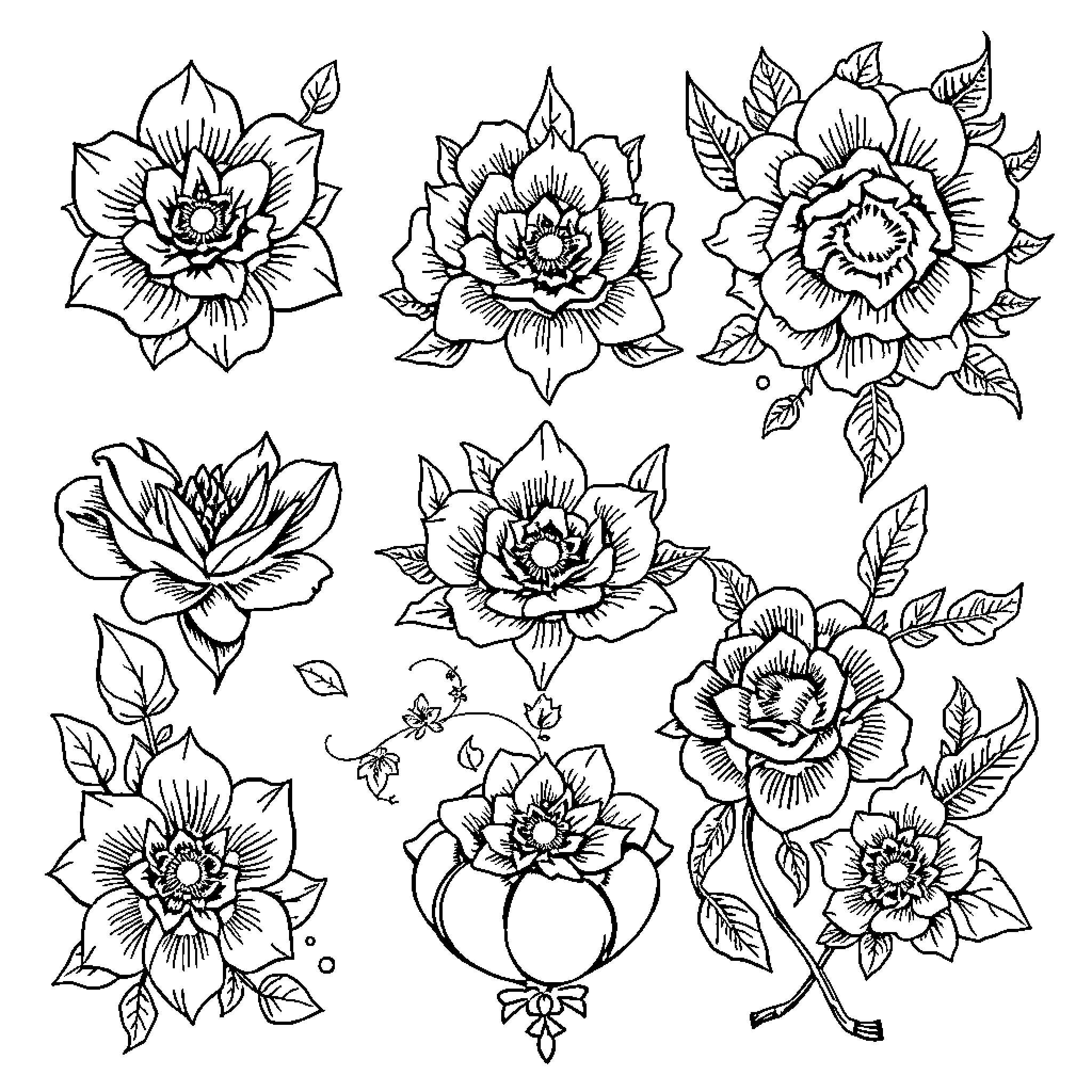 Tattoo illustrations of decorative floral designs Coloring Page (free black-and-white line drawing printable PDF for all, from beginners to advanced learners, including children, teens, adults, and seniors)