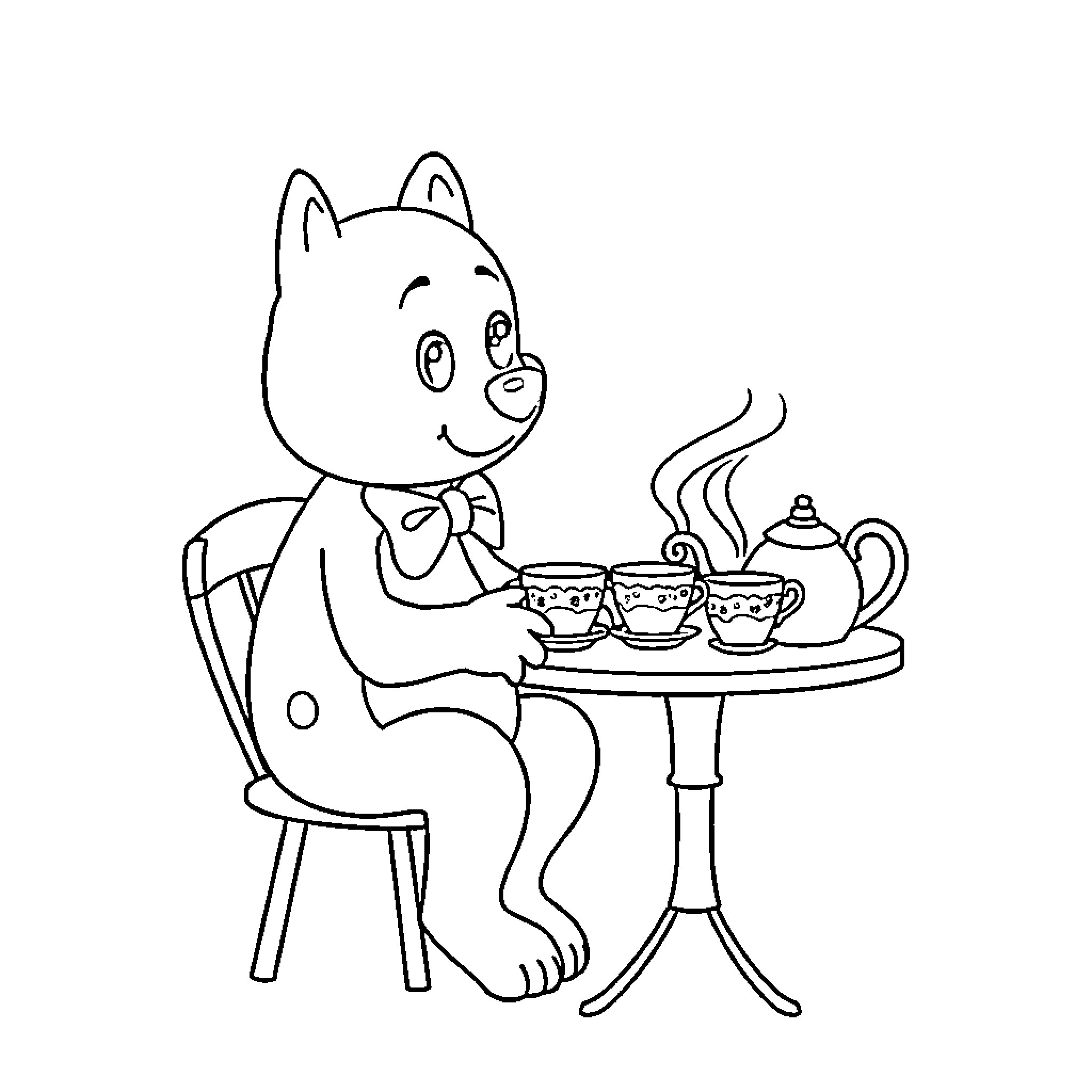Bluey enjoying a tea party with friends Coloring Page (free black-and-white line drawing printable PDF for all, from beginners to advanced learners, including children, teens, adults, and seniors)