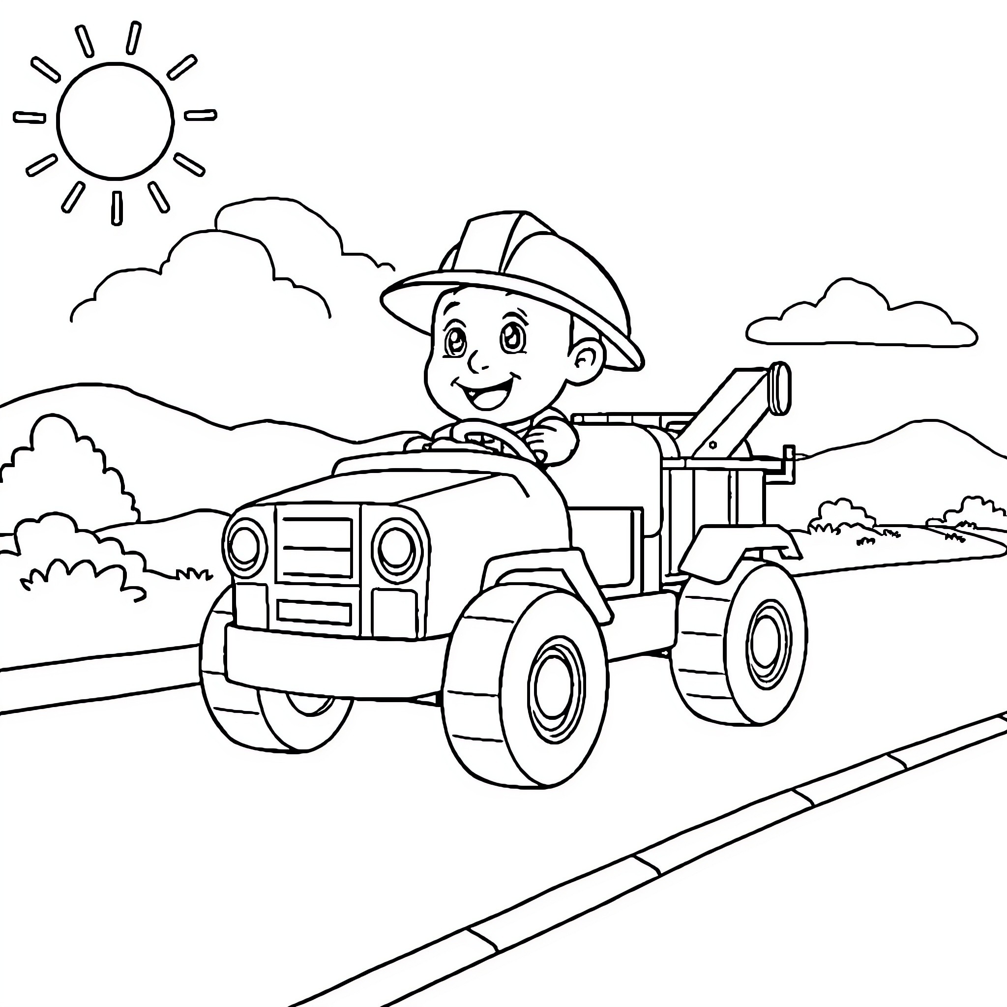 Bob the Builder driving a tractor in the countryside Coloring Page (free black-and-white line drawing printable PDF for all, from beginners to advanced learners, including children, teens, adults, and seniors)
