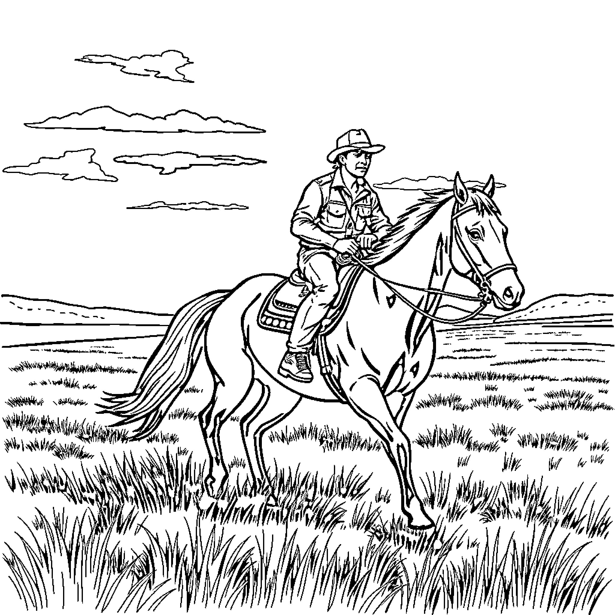 Man riding horse across open field Coloring Page (free black-and-white line drawing printable PDF for all, from beginners to advanced learners, including children, teens, adults, and seniors)