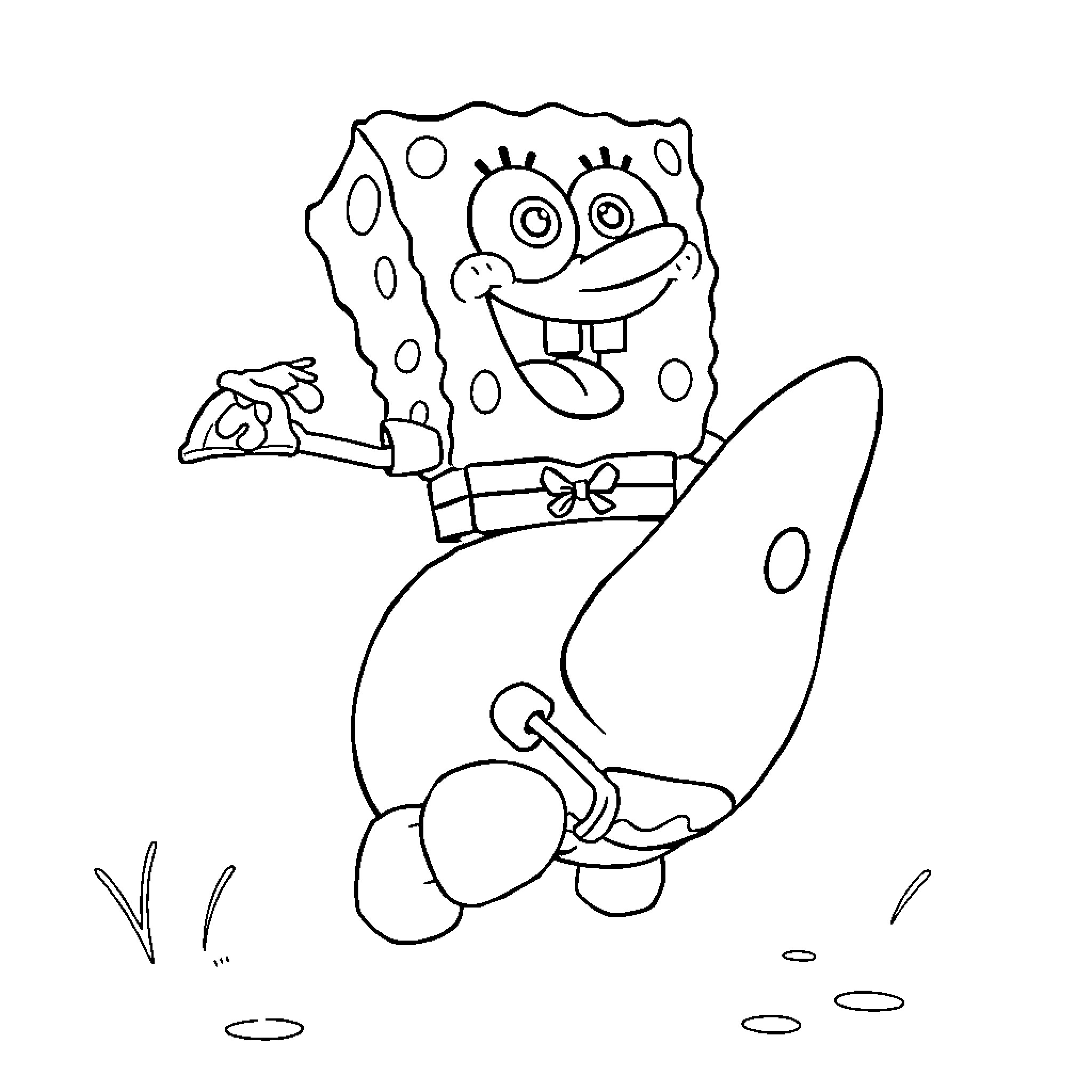 Spongebob joyfully surfing on a coral reef Coloring Page (free black-and-white line drawing printable PDF for all, from beginners to advanced learners, including children, teens, adults, and seniors)