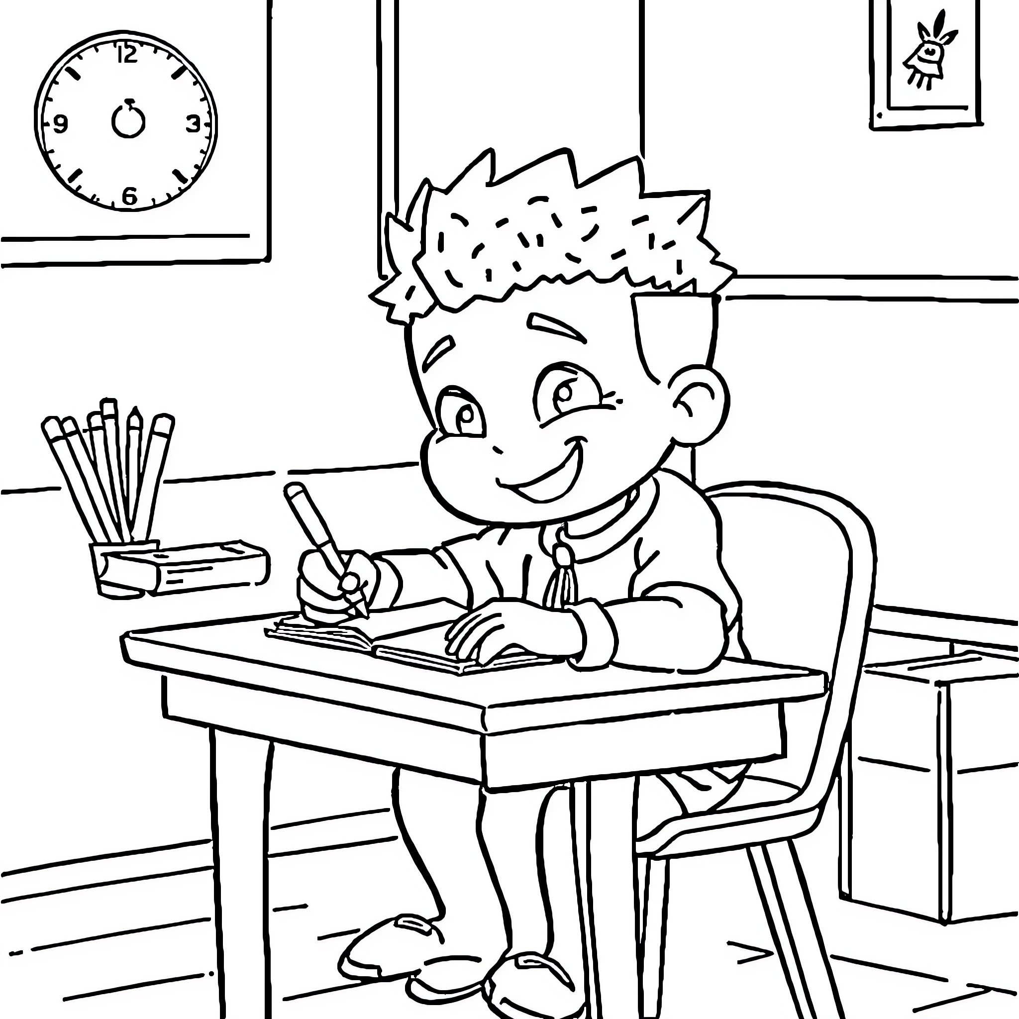 Booba boy happily studying at his desk Coloring Page (free black-and-white line drawing printable PDF for all, from beginners to advanced learners, including children, teens, adults, and seniors)