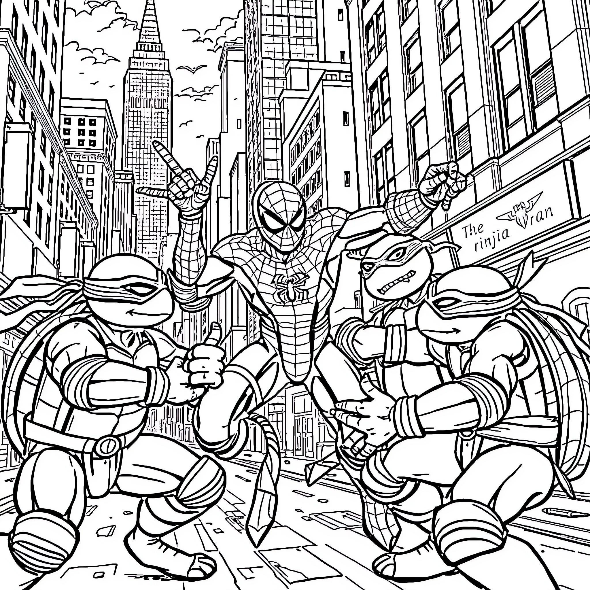 Teenage Mutant Ninja Turtles battle in the city Coloring Page (free black-and-white line drawing printable PDF for all, from beginners to advanced learners, including children, teens, adults, and seniors)