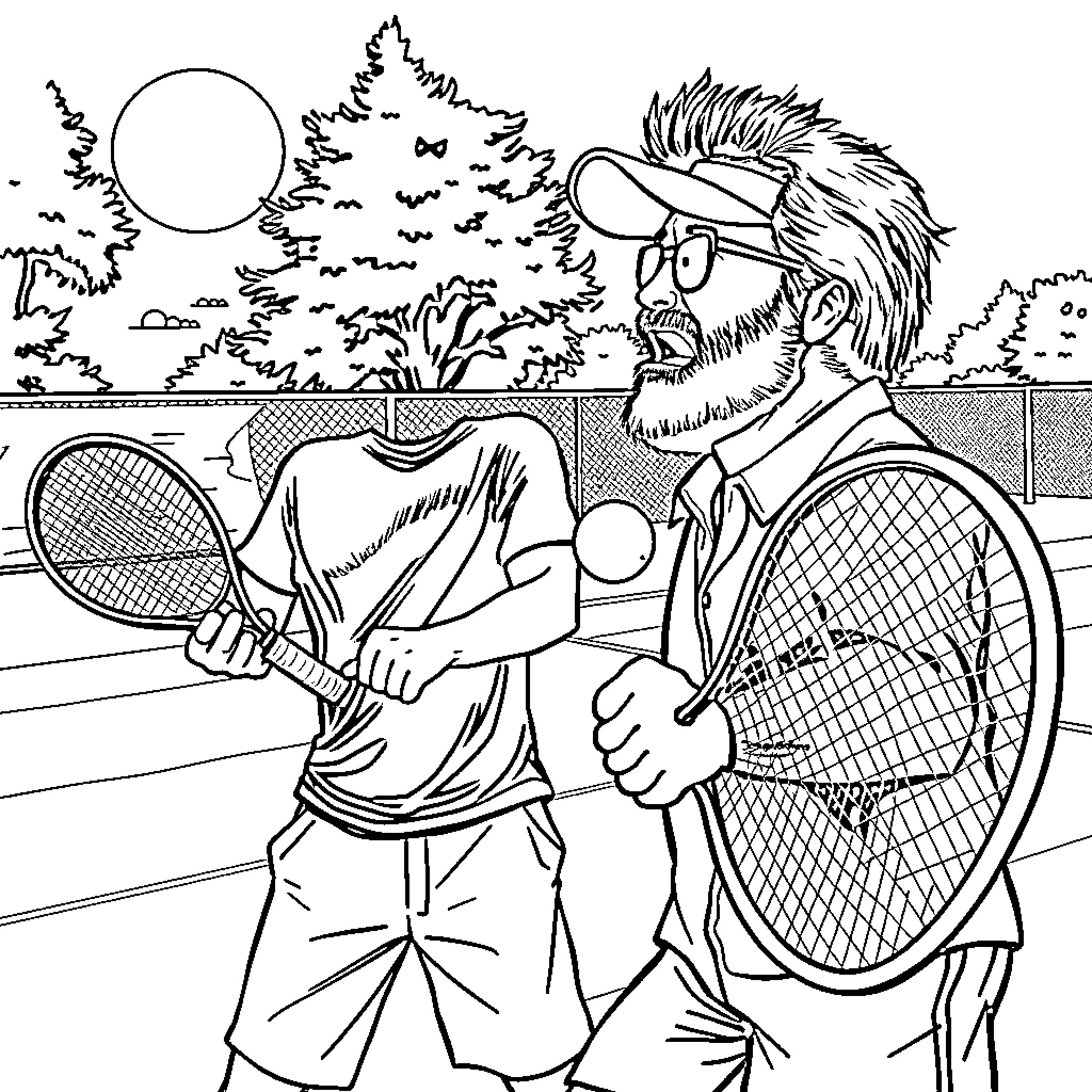 Meyer plays tennis at sunset on the court Coloring Page (free black-and-white line drawing printable PDF for all, from beginners to advanced learners, including children, teens, adults, and seniors)