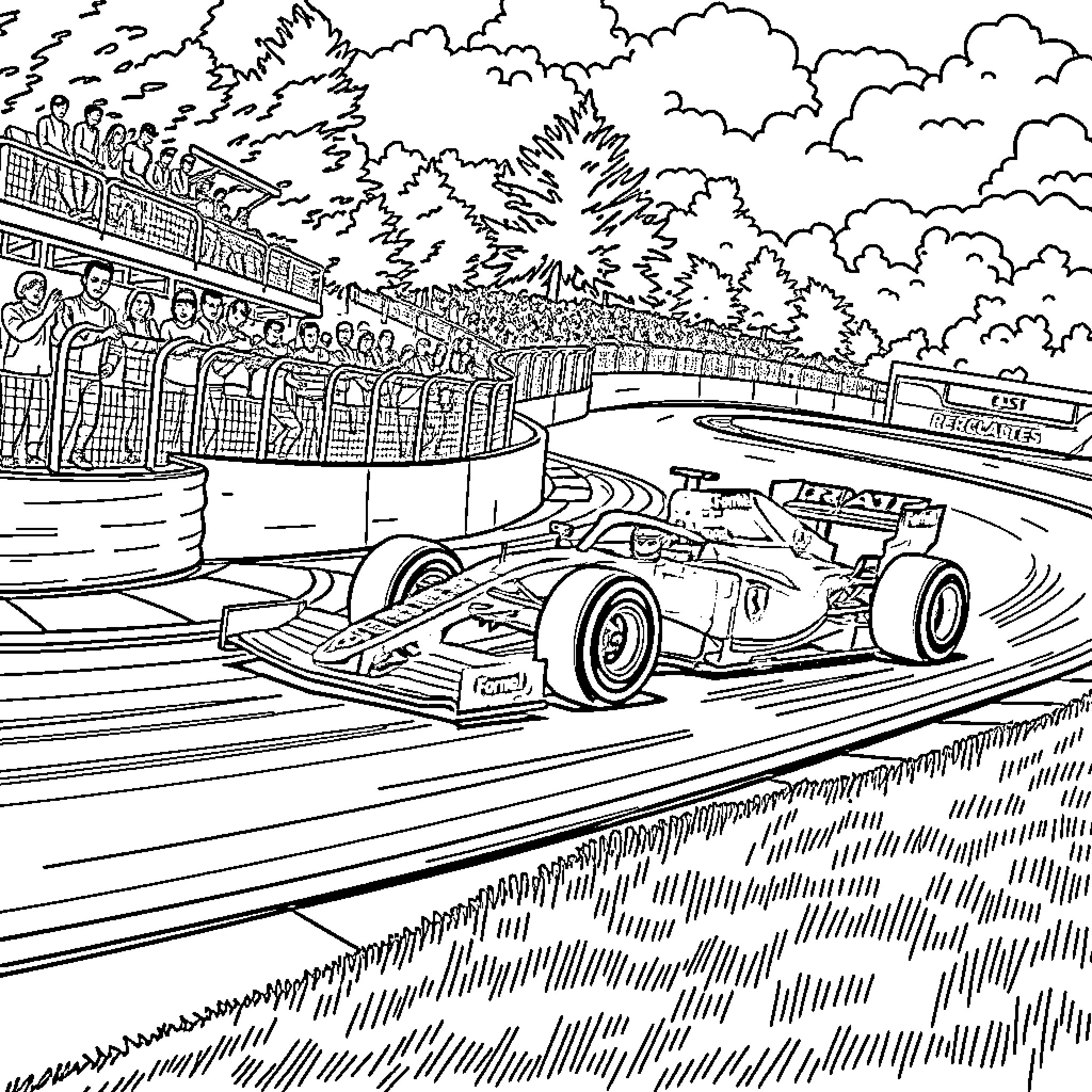 Racecar racing on the track with grandstand crowds Coloring Page (free black-and-white line drawing printable PDF for all, from beginners to advanced learners, including children, teens, adults, and seniors)