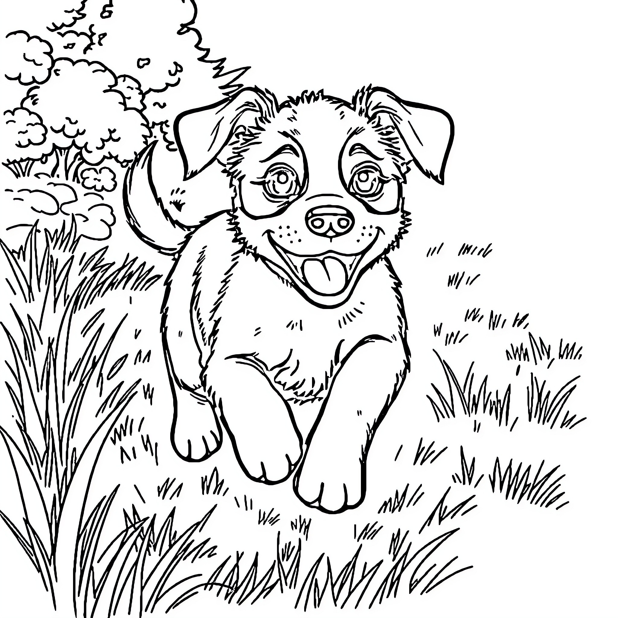 Puppy playing happily in the grass Coloring Page (free black-and-white line drawing printable PDF for all, from beginners to advanced learners, including children, teens, adults, and seniors)