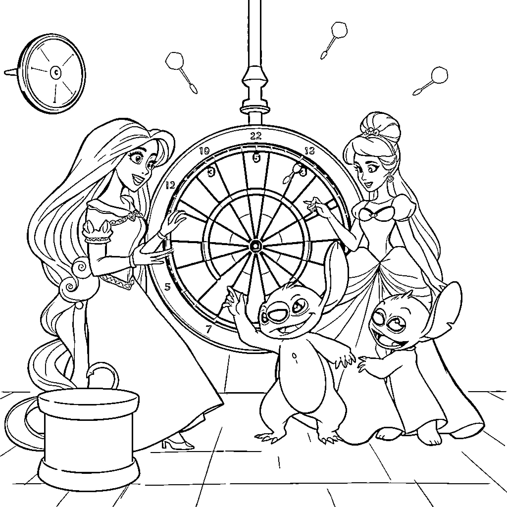 Disney Characters Playing with Magical Toys Coloring Page (free black-and-white line drawing printable PDF for all, from beginners to advanced learners, including children, teens, adults, and seniors)