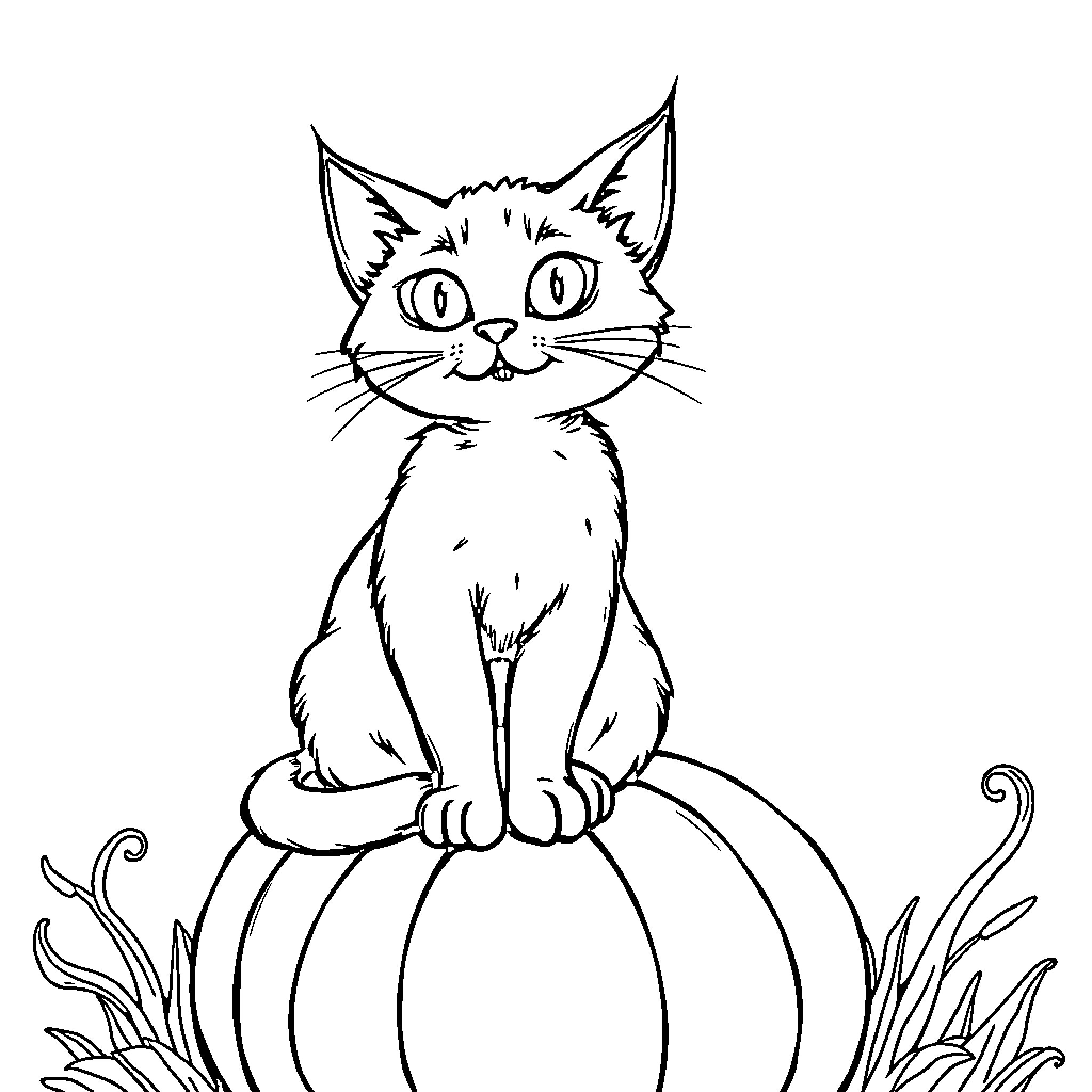 Cat sitting on a pumpkin in a garden Coloring Page (free black-and-white line drawing printable PDF for all, from beginners to advanced learners, including children, teens, adults, and seniors)