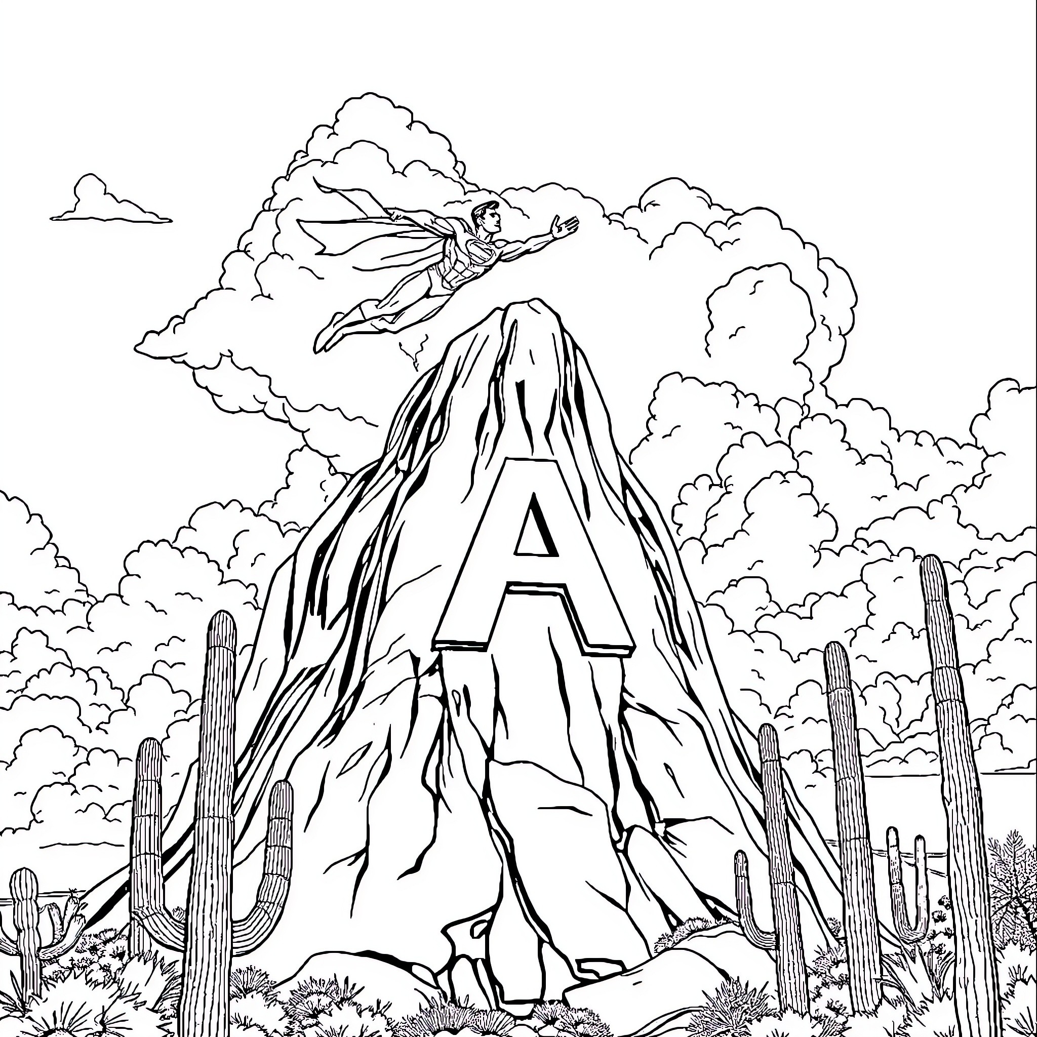 Superman soaring above a rugged desert landscape Coloring Page (free black-and-white line drawing printable PDF for all, from beginners to advanced learners, including children, teens, adults, and seniors)
