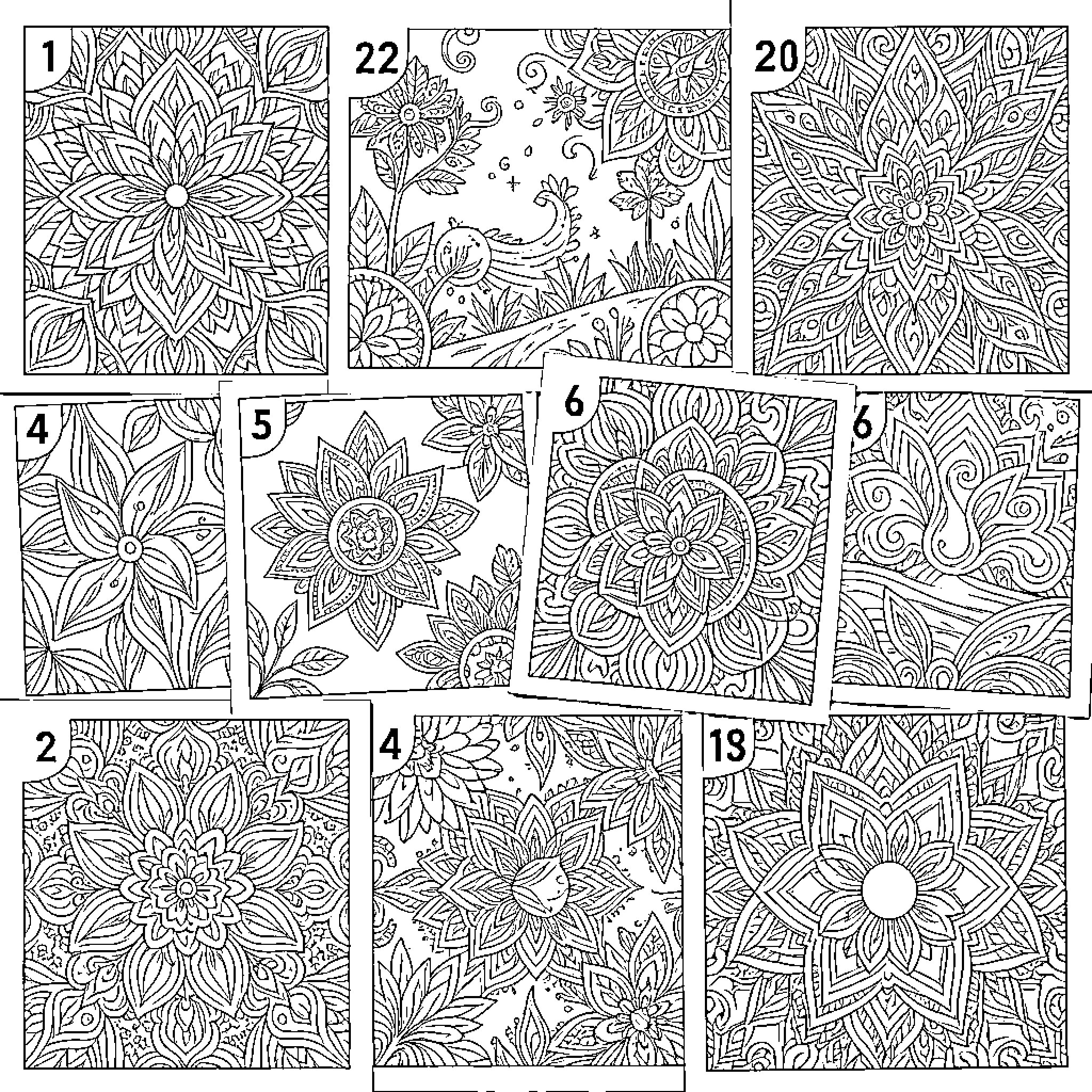 Number Floral Patterns and Intricate Designs Coloring Page (free black-and-white line drawing printable PDF for all, from beginners to advanced learners, including children, teens, adults, and seniors)