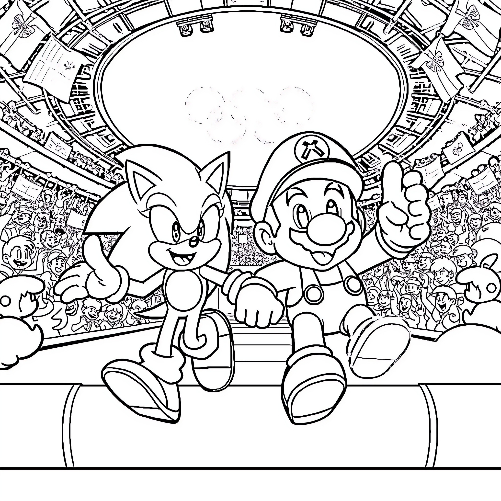 Sonic and Mario Celebrating in the Stadium Coloring Page (free black-and-white line drawing printable PDF for all, from beginners to advanced learners, including children, teens, adults, and seniors)