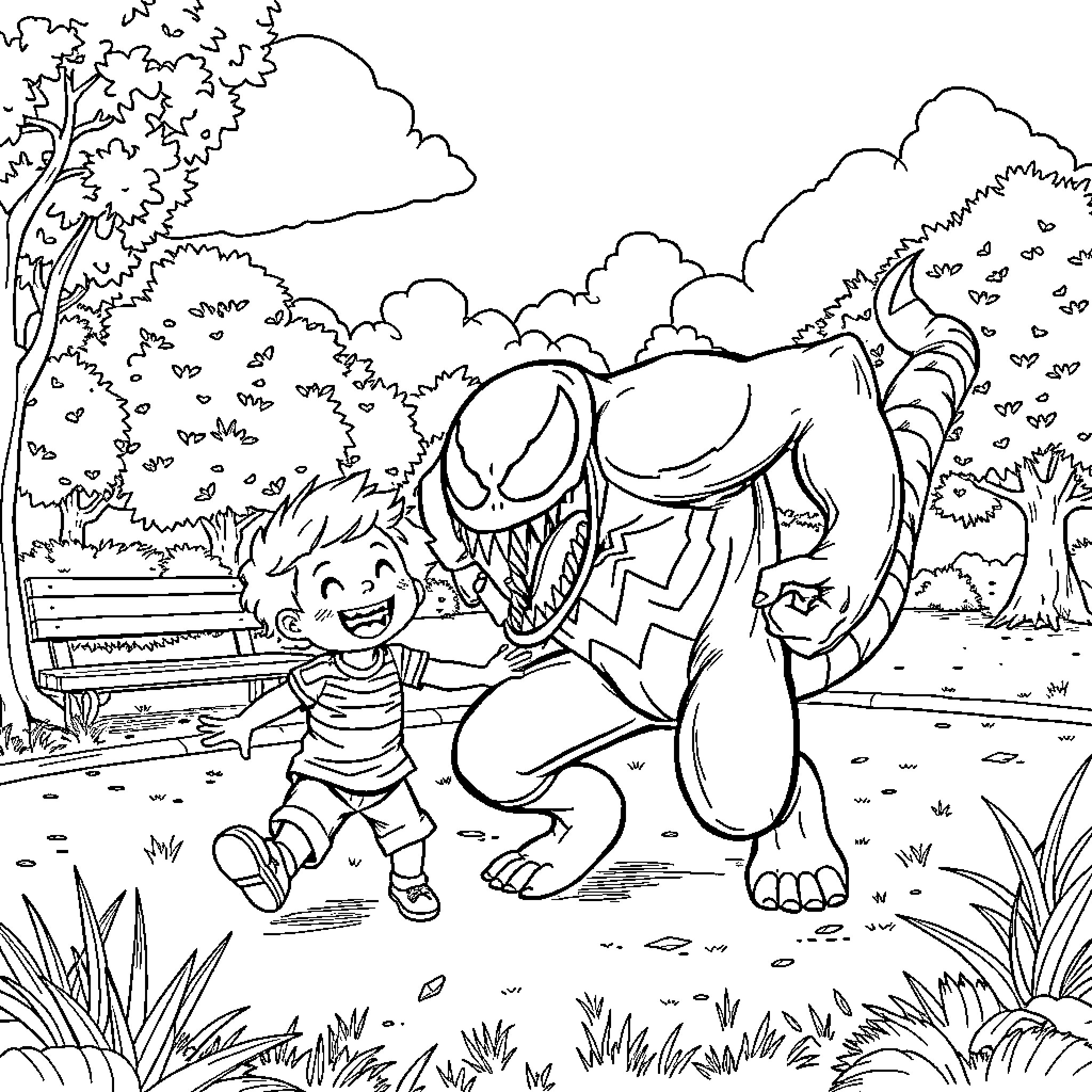 Venom playing with a young boy in the park Coloring Page (free black-and-white line drawing printable PDF for all, from beginners to advanced learners, including children, teens, adults, and seniors)