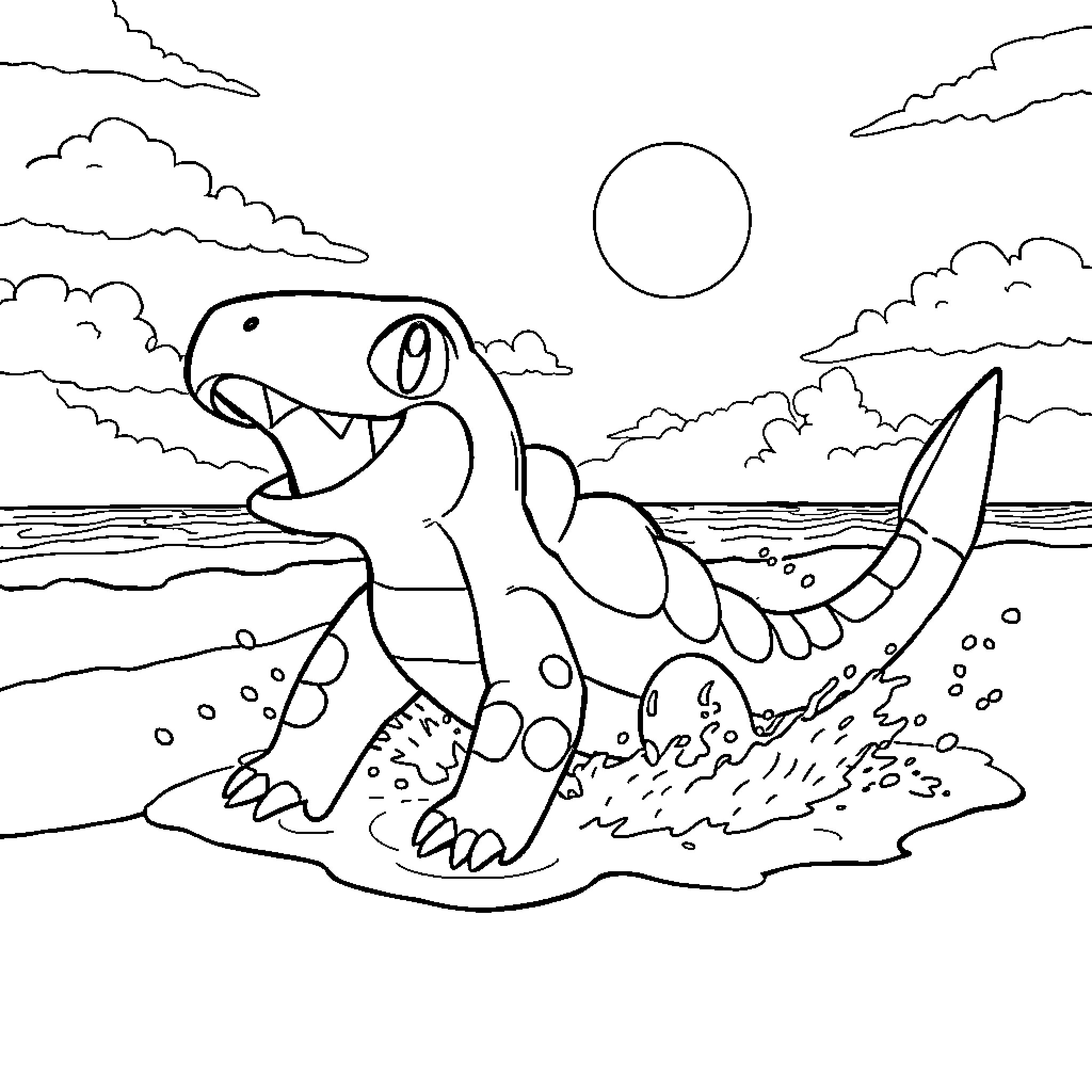 Terrapagos Prehistoric Creature by the Sea Coloring Page (free black-and-white line drawing printable PDF for all, from beginners to advanced learners, including children, teens, adults, and seniors)