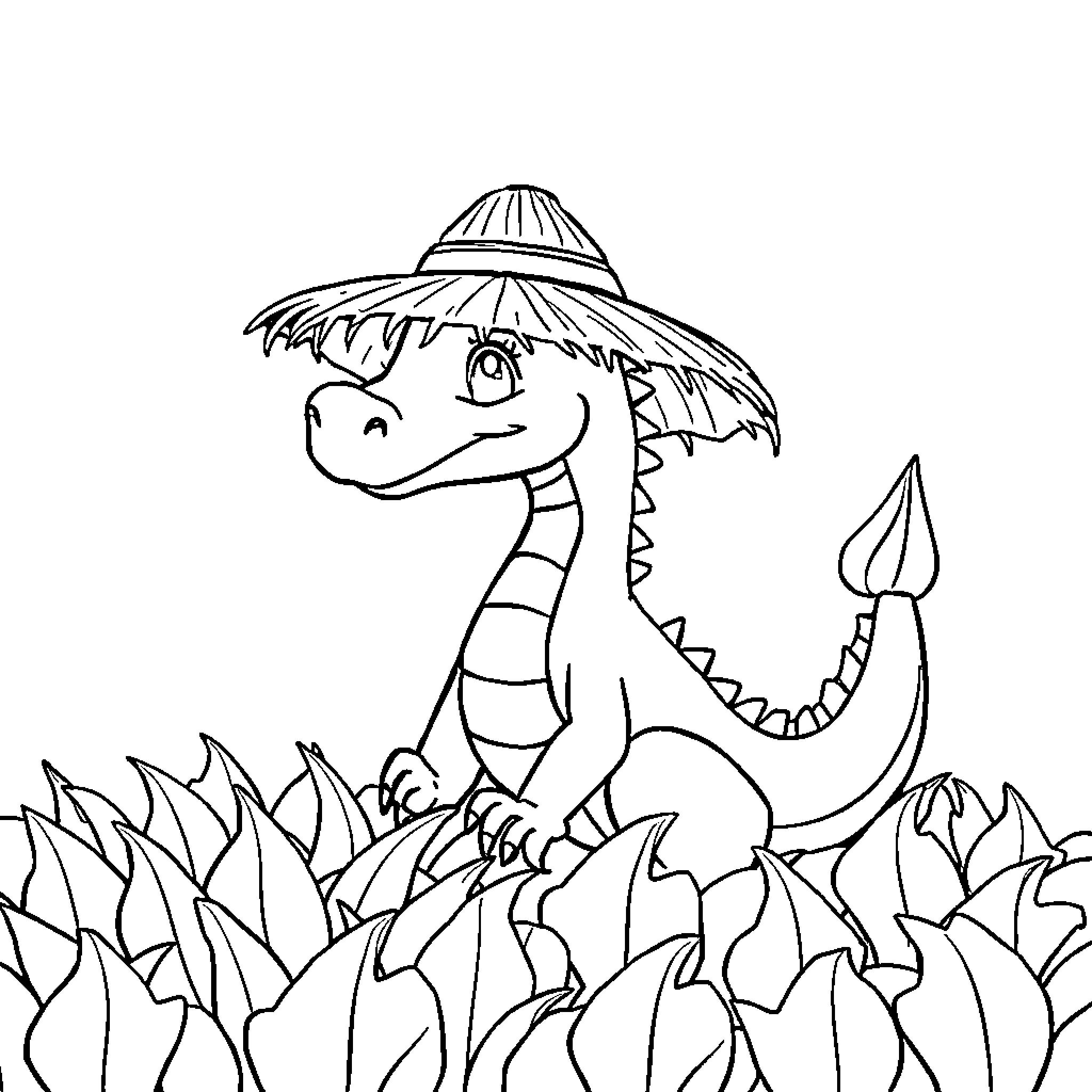 Dragon wearing a sombrero in a field of flowers Coloring Page (free black-and-white line drawing printable PDF for all, from beginners to advanced learners, including children, teens, adults, and seniors)