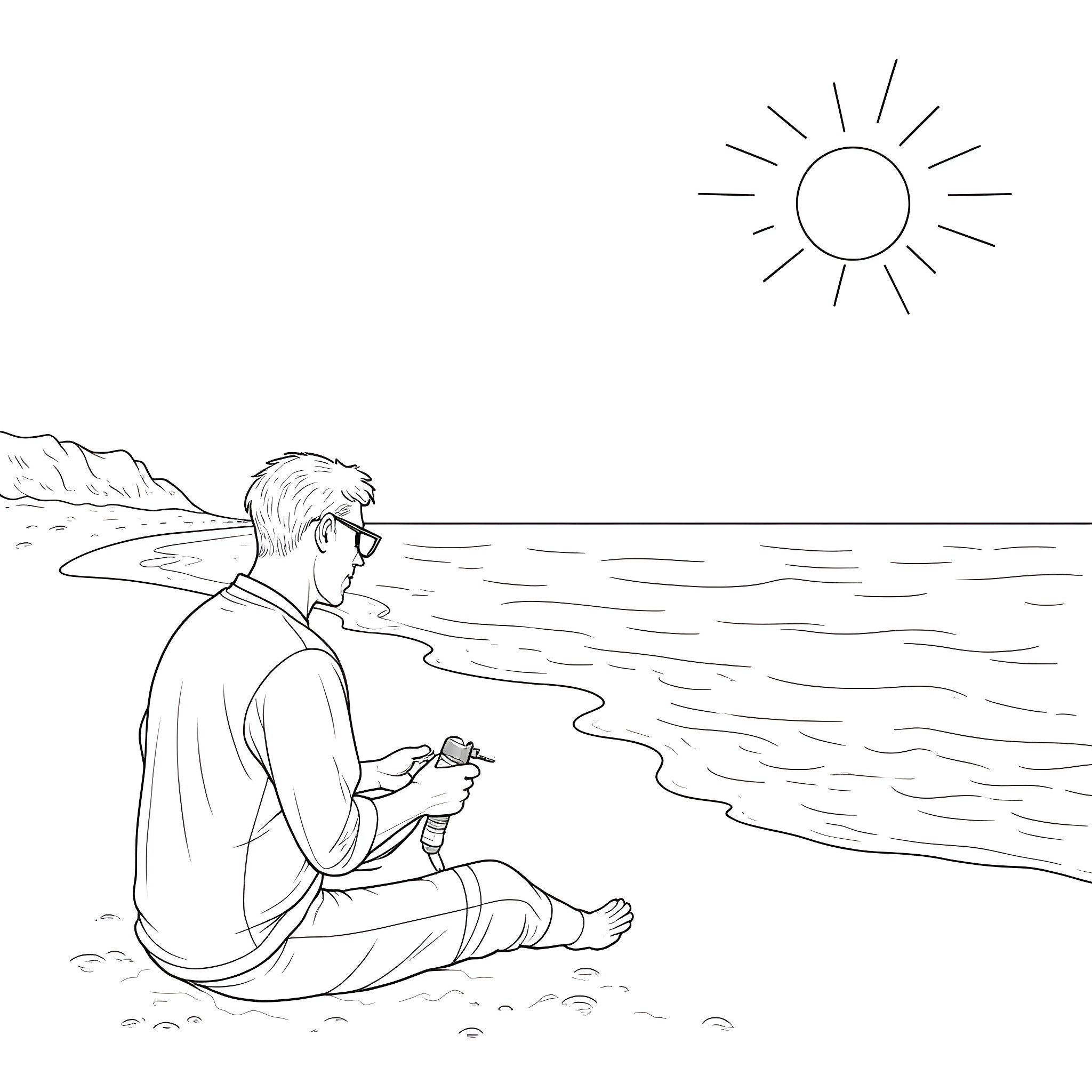 Welder relaxing on the beach Coloring Page (free black-and-white line drawing printable PDF for all, from beginners to advanced learners, including children, teens, adults, and seniors)