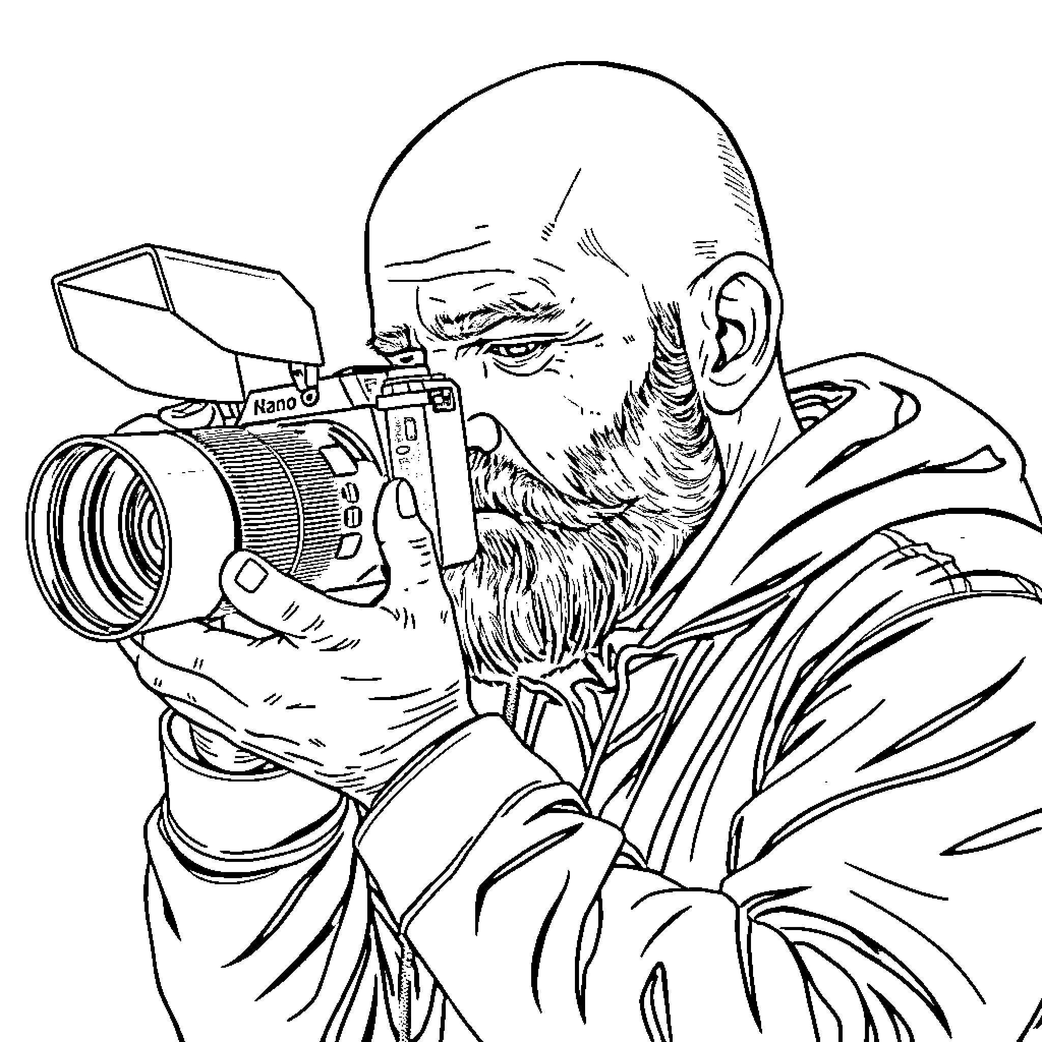 Hombre with a camera capturing the scene Coloring Page (free black-and-white line drawing printable PDF for all, from beginners to advanced learners, including children, teens, adults, and seniors)