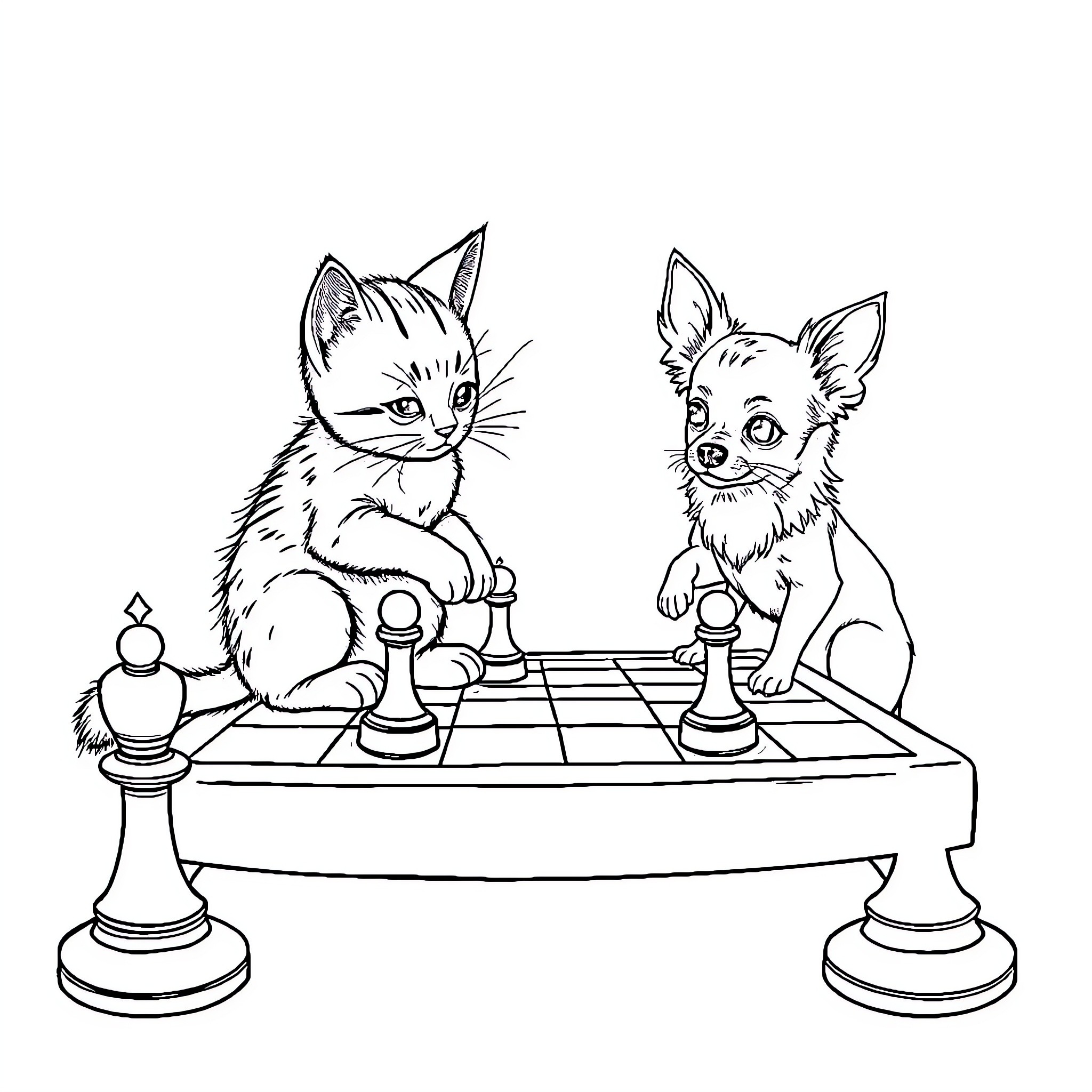 Kitten and Puppy Playing Chess Coloring Page (free black-and-white line drawing printable PDF for all, from beginners to advanced learners, including children, teens, adults, and seniors)