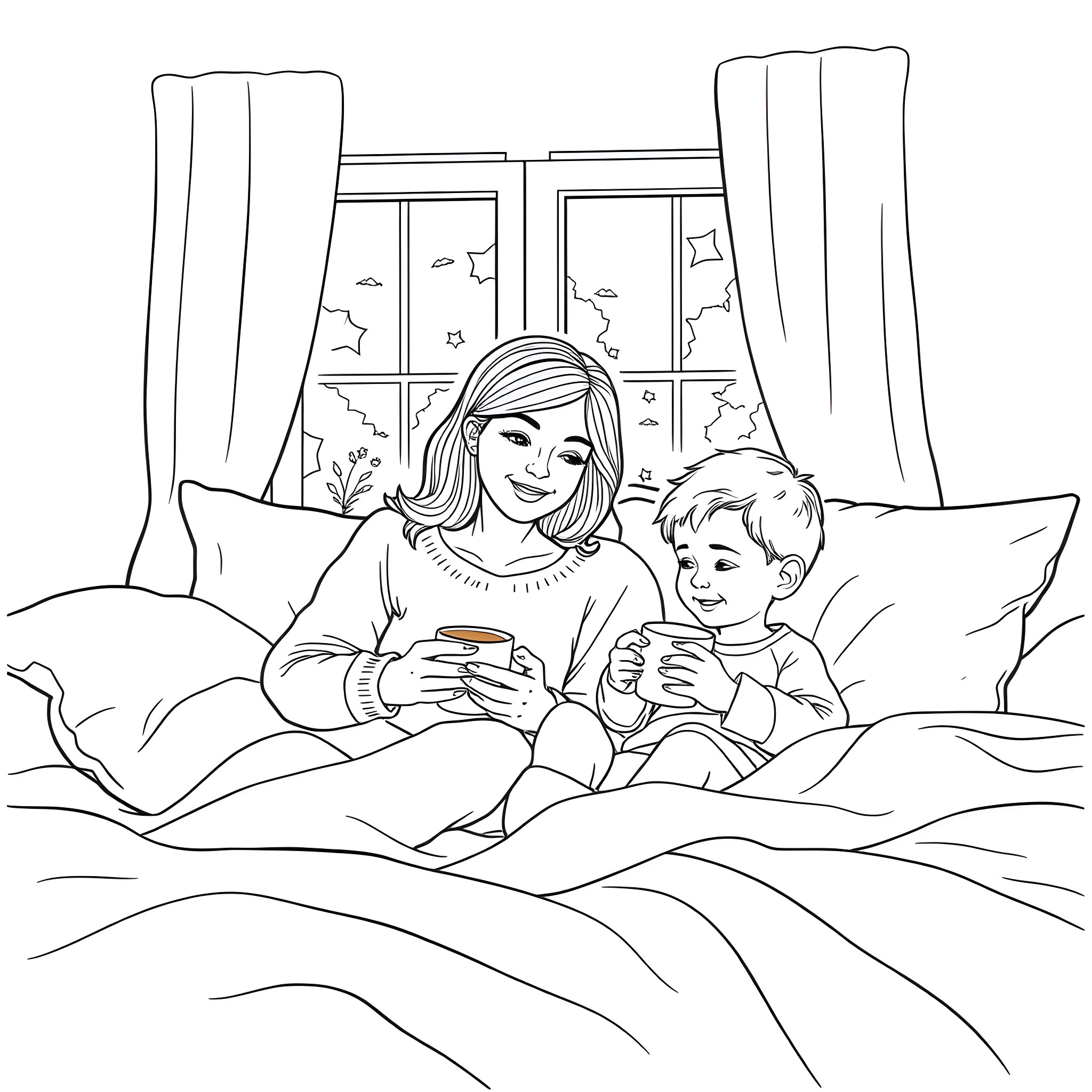 Coffee time with a mother and child in a cozy home Coloring Page (free black-and-white line drawing printable PDF for all, from beginners to advanced learners, including children, teens, adults, and seniors)