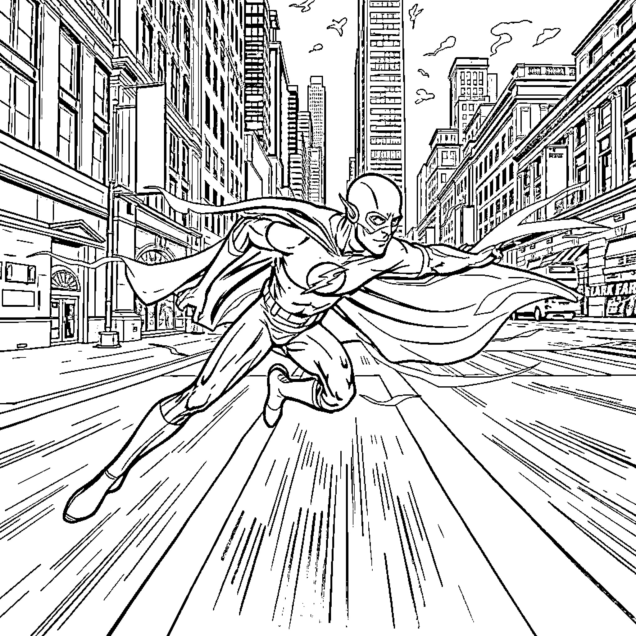 Flash rushing through the city streets Coloring Page (free black-and-white line drawing printable PDF for all, from beginners to advanced learners, including children, teens, adults, and seniors)