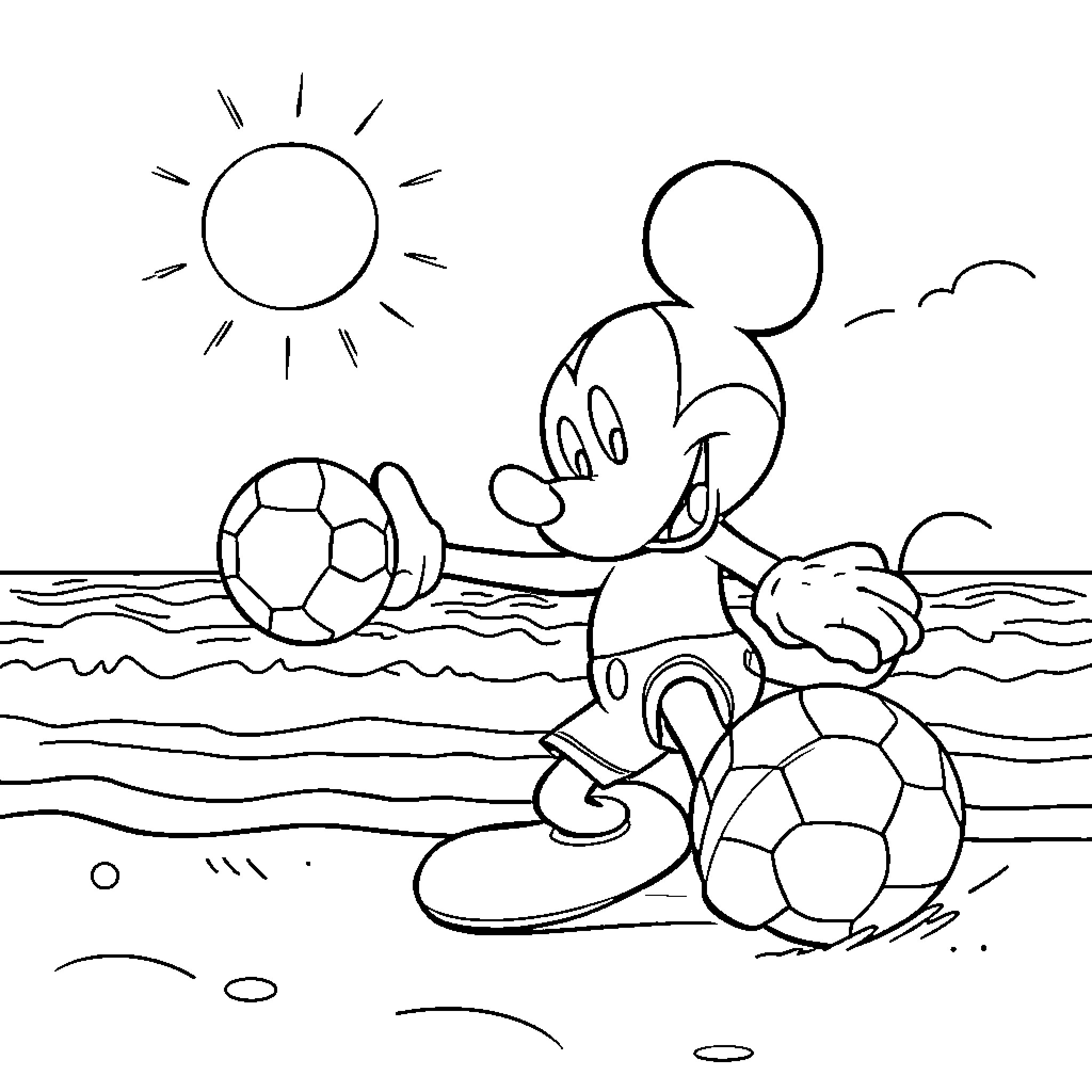 Mickey Mouse playing with soccer balls on the beach Coloring Page (free black-and-white line drawing printable PDF for all, from beginners to advanced learners, including children, teens, adults, and seniors)