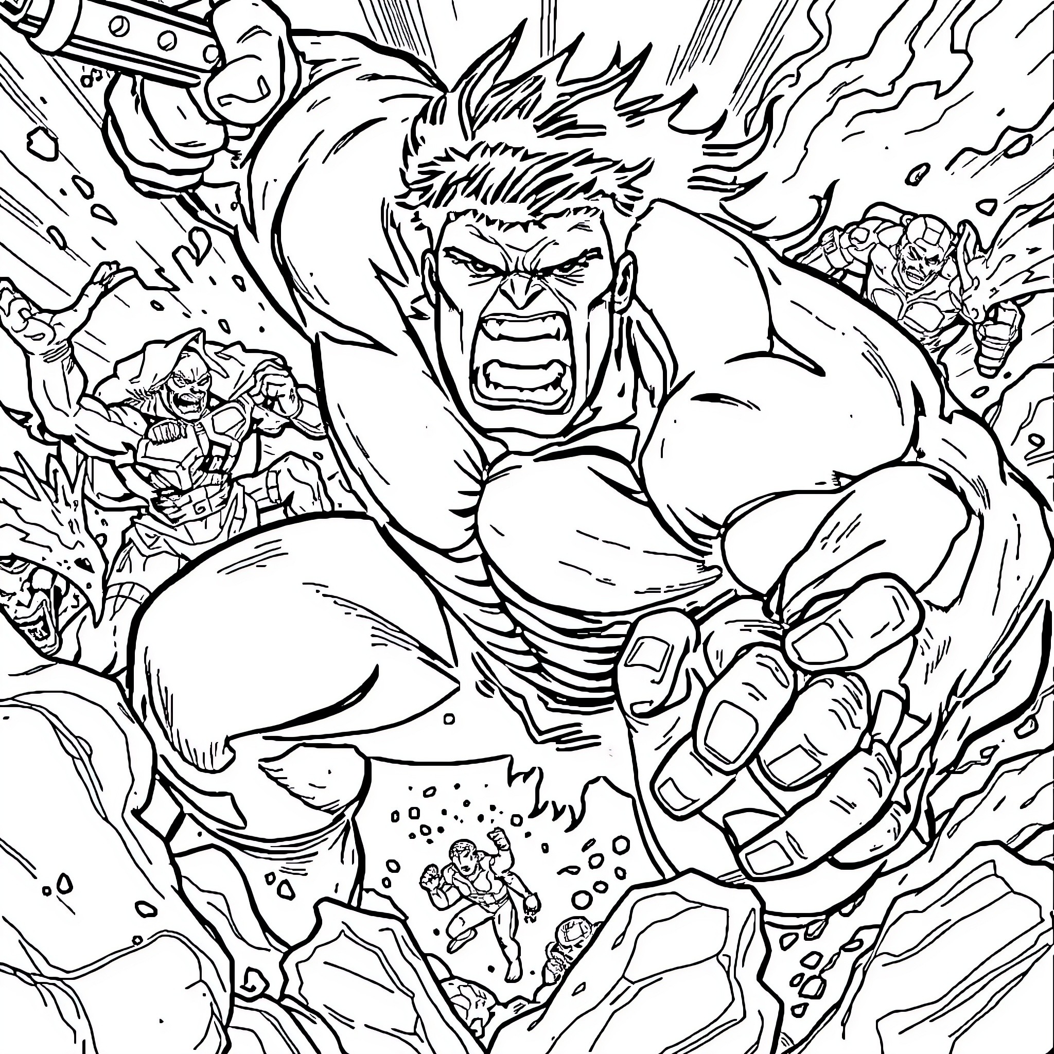 Hulk's Mighty Rampage: Destruction and Determination Coloring Page (free black-and-white line drawing printable PDF for all, from beginners to advanced learners, including children, teens, adults, and seniors)