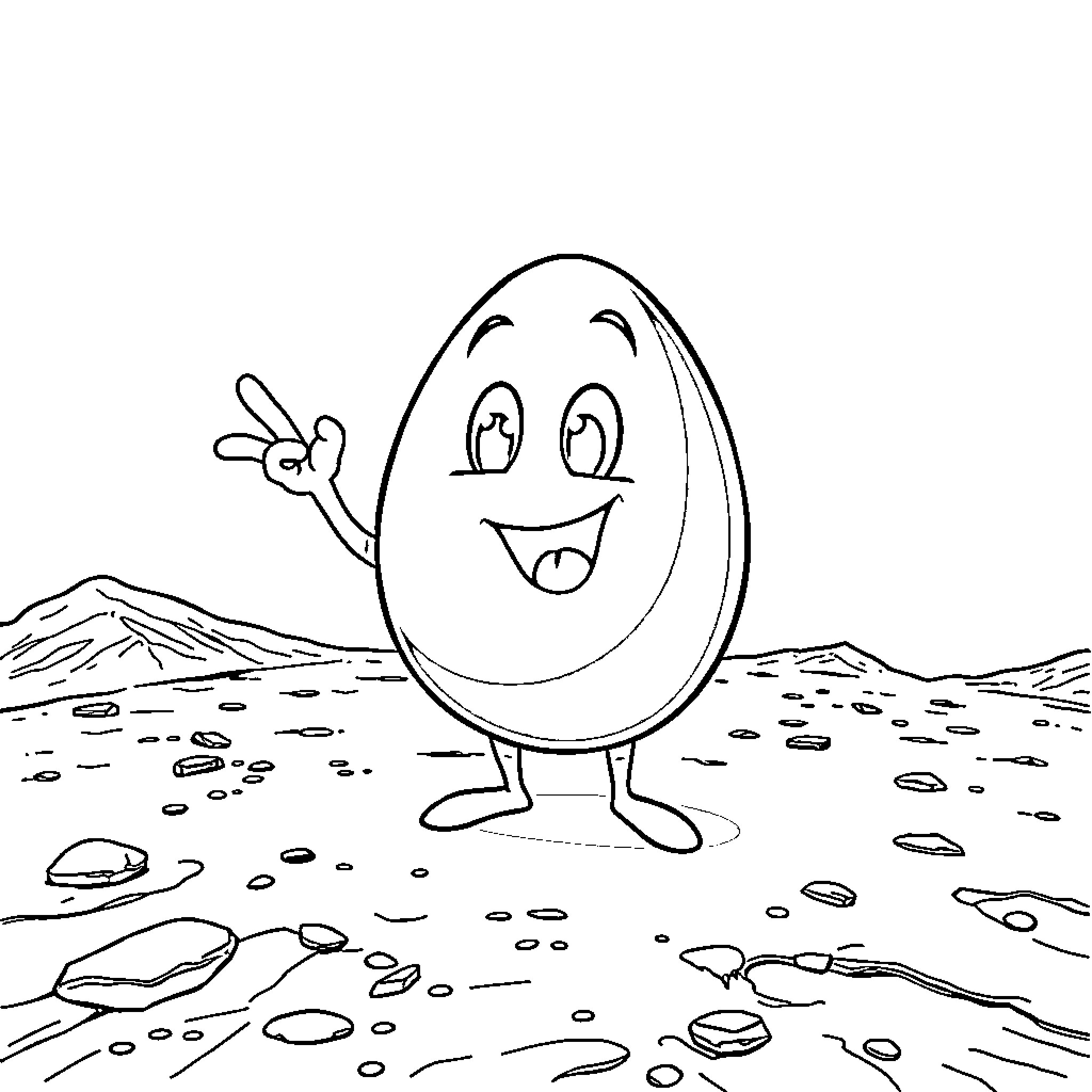 Egg making a joyful gesture outdoors Coloring Page (free black-and-white line drawing printable PDF for all, from beginners to advanced learners, including children, teens, adults, and seniors)