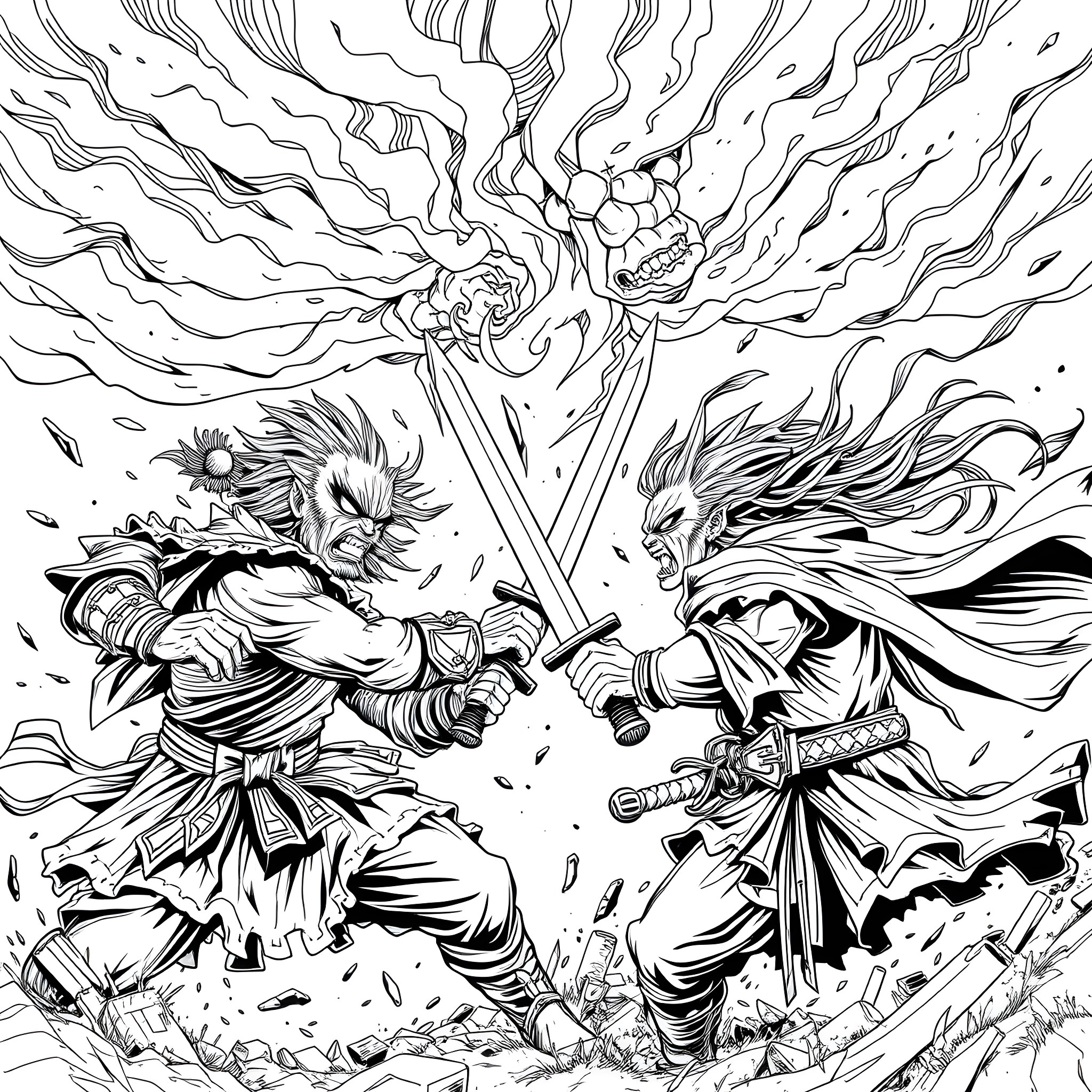 Fierce Warriors Clash in Dramatic Battle Coloring Page (free black-and-white line drawing printable PDF for all, from beginners to advanced learners, including children, teens, adults, and seniors)