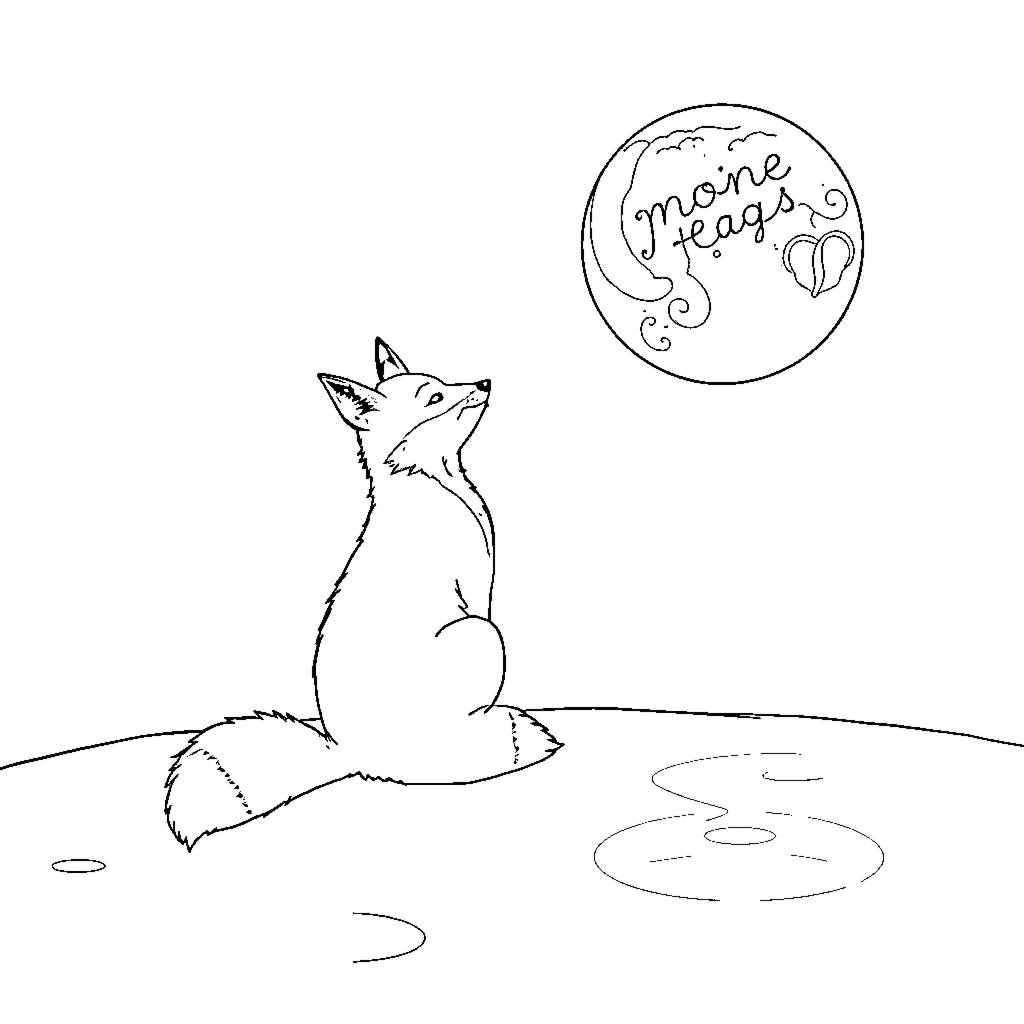 Fox Admiring the Moon and Stars Coloring Page (free black-and-white line drawing printable PDF for all, from beginners to advanced learners, including children, teens, adults, and seniors)