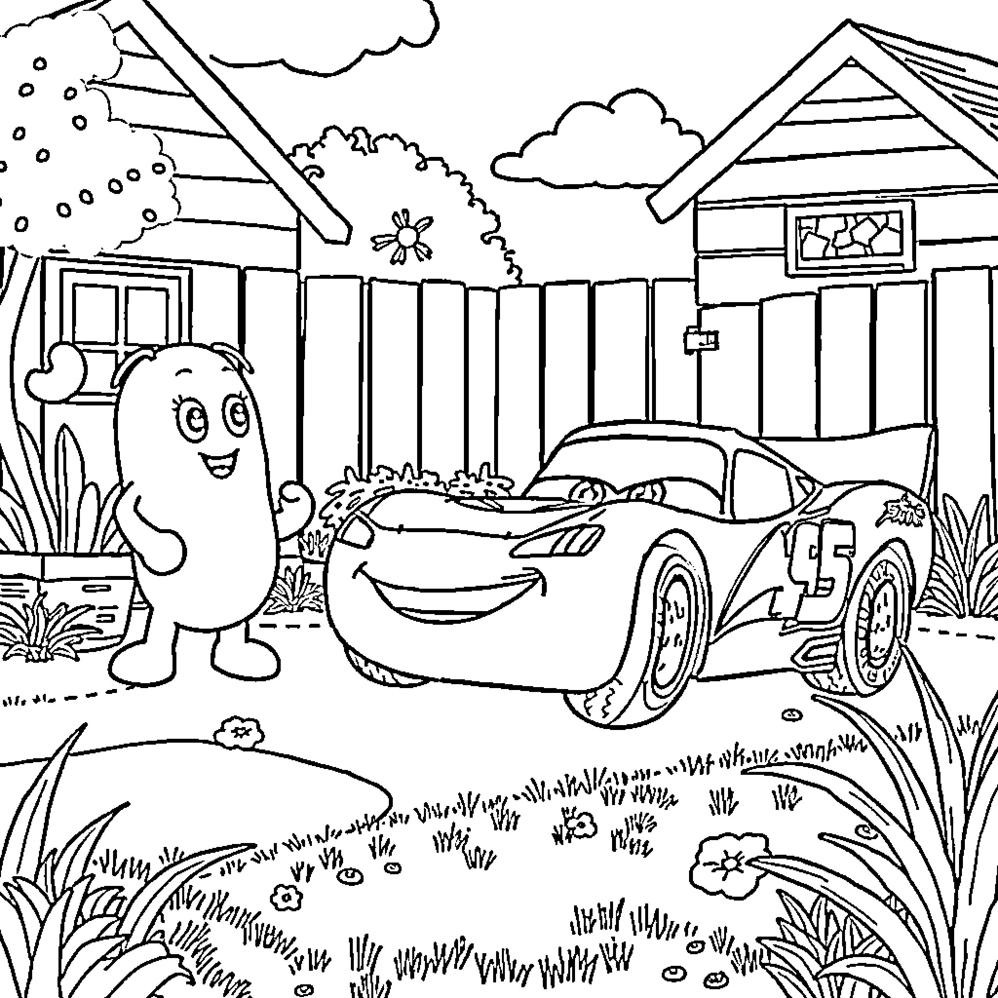 Lightning McQueen enjoying a cozy scene with friendly characters Coloring Page (free black-and-white line drawing printable PDF for all, from beginners to advanced learners, including children, teens, adults, and seniors)