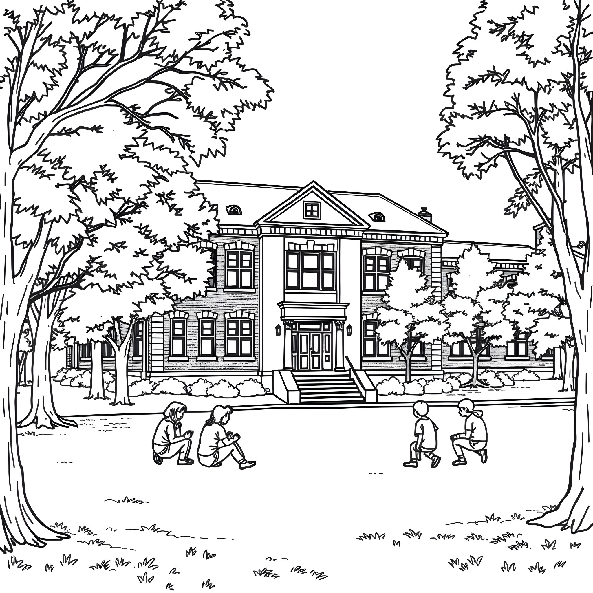 Logan High School students studying outdoors on campus Coloring Page (free black-and-white line drawing printable PDF for all, from beginners to advanced learners, including children, teens, adults, and seniors)