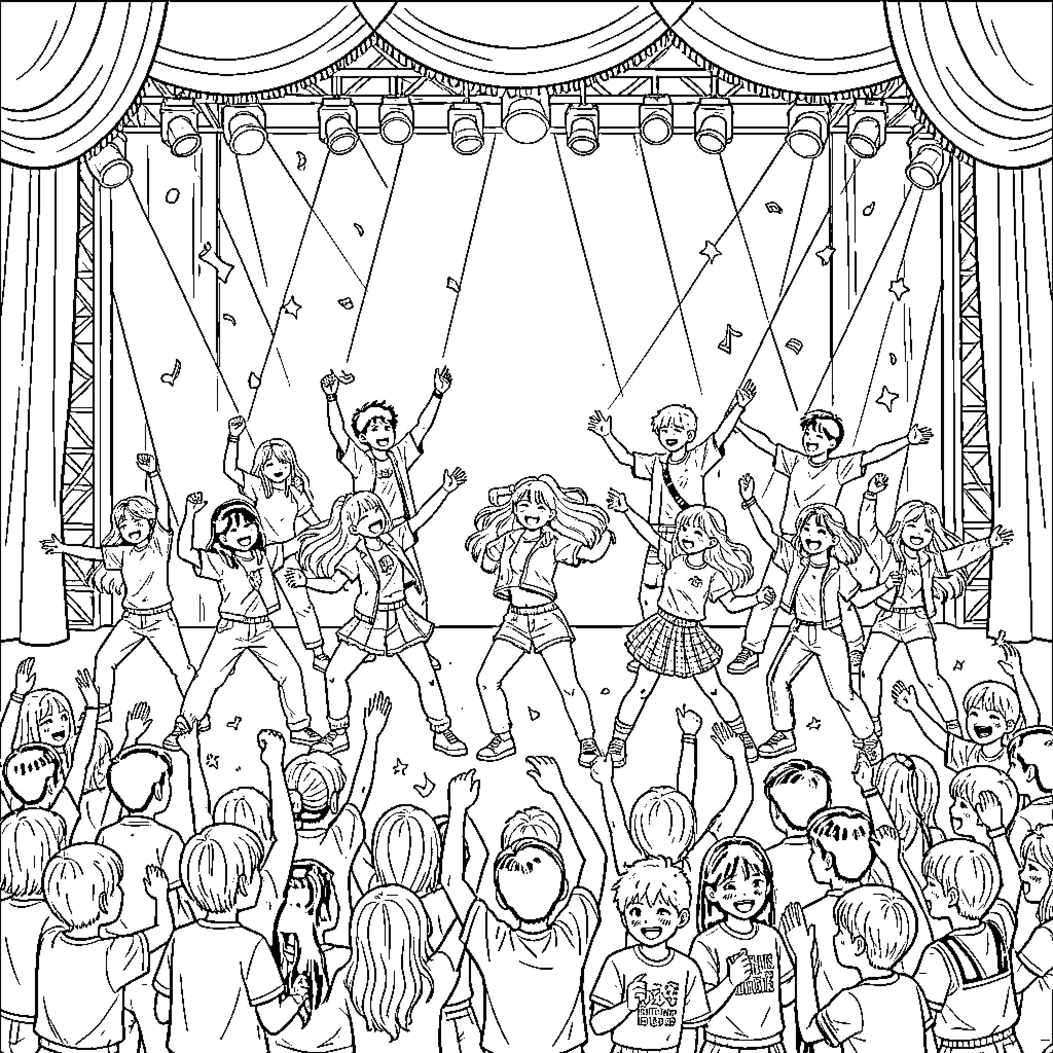 Kpop Performers Entertaining Enthusiastic Crowd on Stage Coloring Page (free black-and-white line drawing printable PDF for all, from beginners to advanced learners, including children, teens, adults, and seniors)