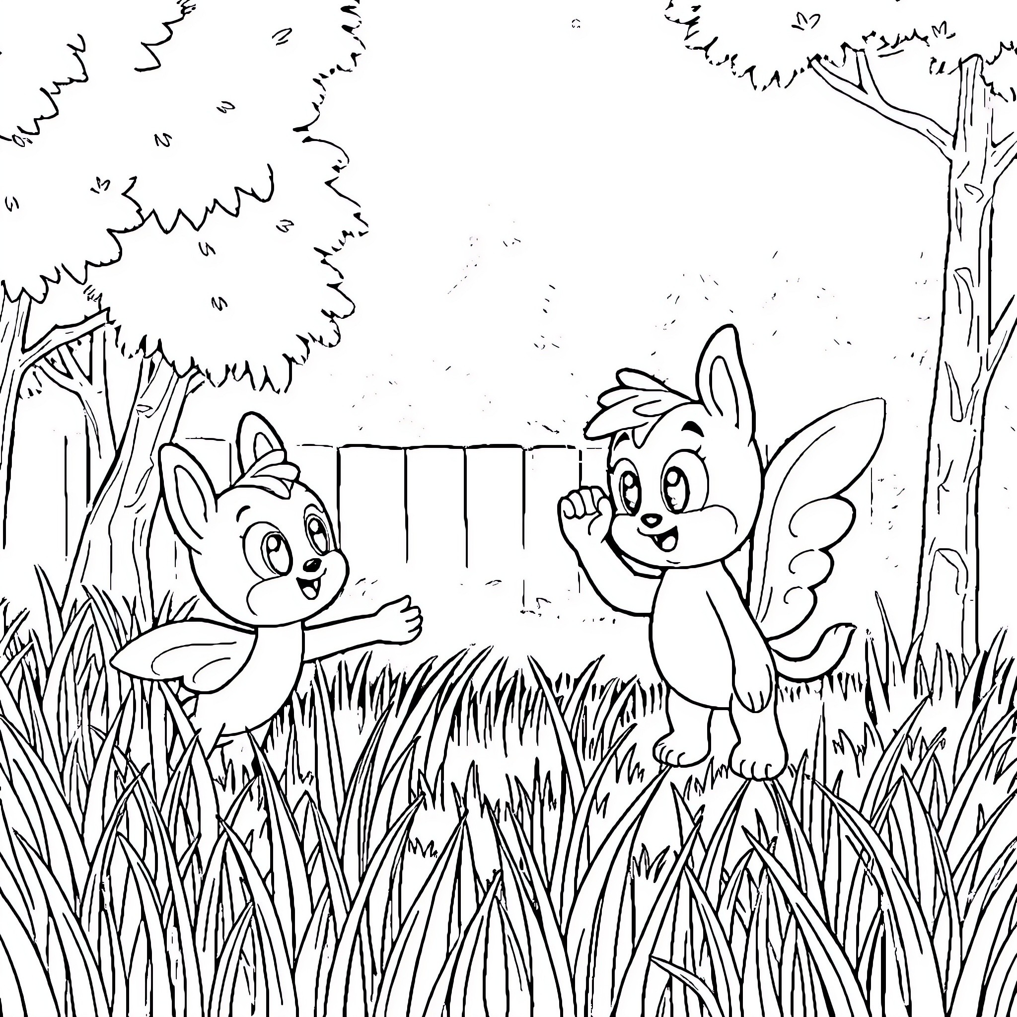 Bluey and Bingo playing in the backyard Coloring Page (free black-and-white line drawing printable PDF for all, from beginners to advanced learners, including children, teens, adults, and seniors)