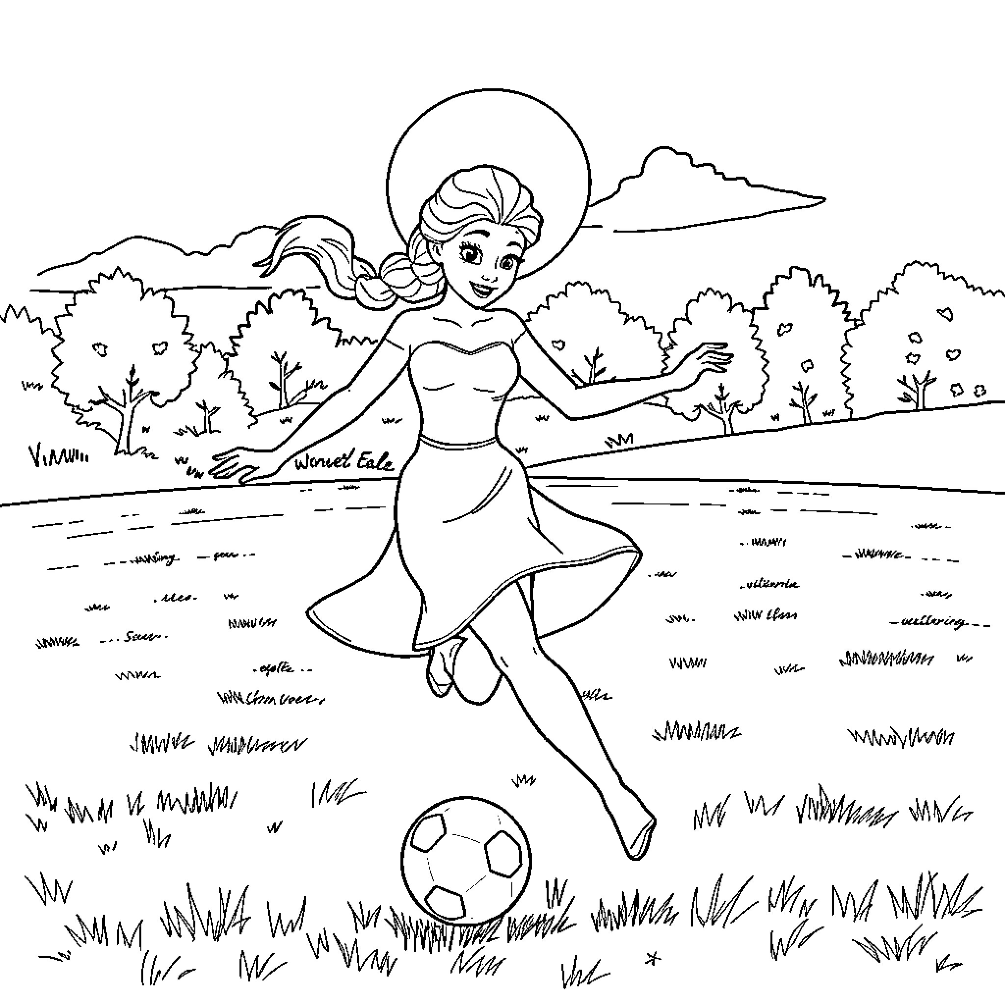 Elsa playing joyfully with a soccer ball in a natural setting Coloring Page (free black-and-white line drawing printable PDF for all, from beginners to advanced learners, including children, teens, adults, and seniors)