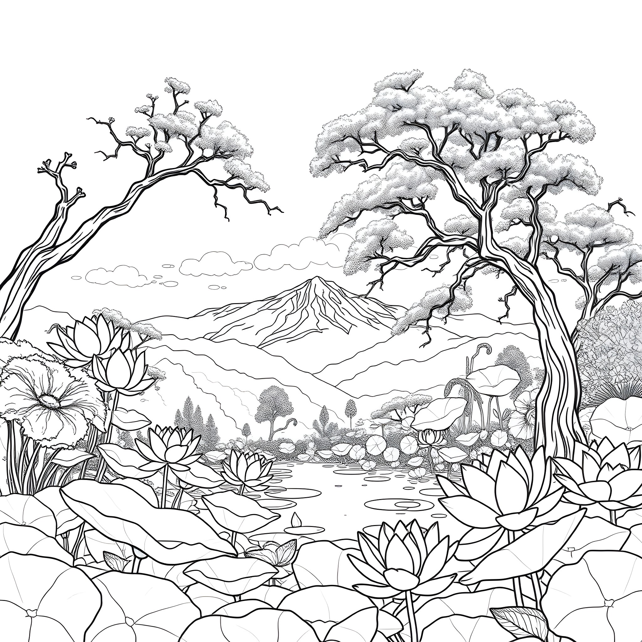 Nirvana's Tranquil Landscape Coloring Page (free black-and-white line drawing printable PDF for all, from beginners to advanced learners, including children, teens, adults, and seniors)