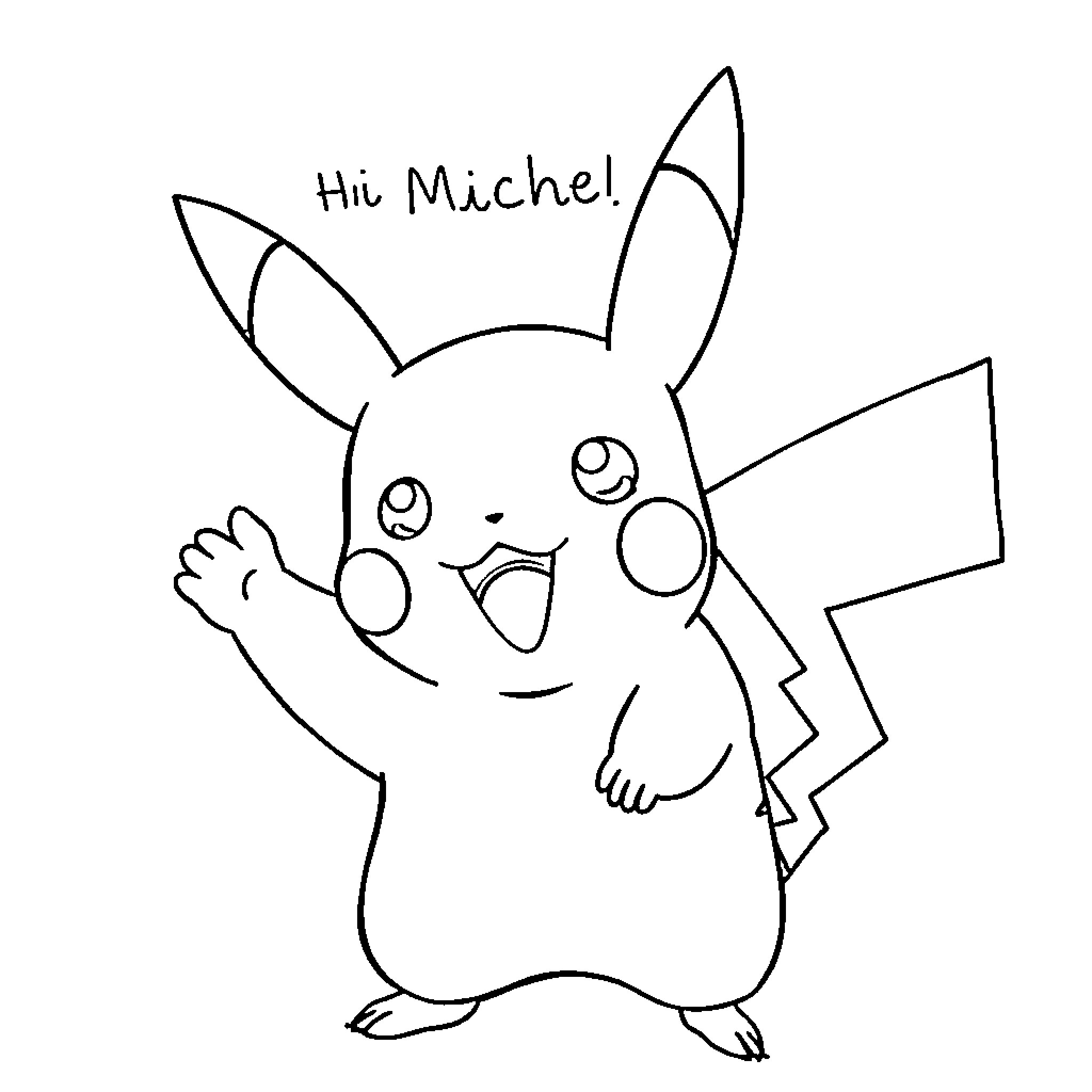 Pikachu waving and saying hi Coloring Page (free black-and-white line drawing printable PDF for all, from beginners to advanced learners, including children, teens, adults, and seniors)