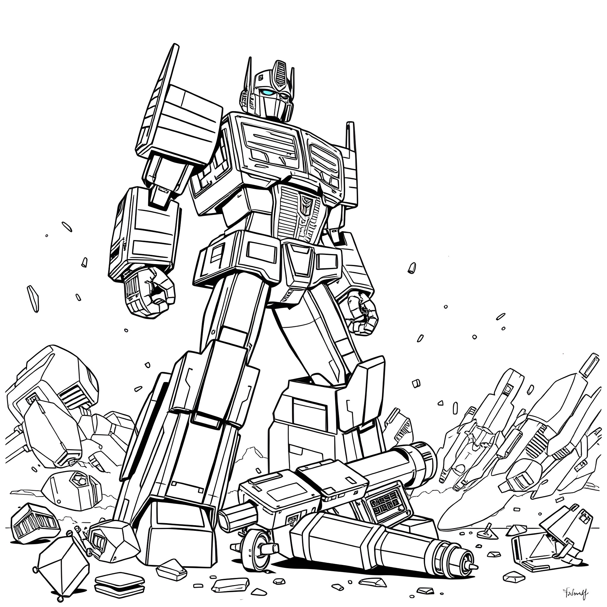 Optimus Prime in action on the battlefield Coloring Page (free black-and-white line drawing printable PDF for all, from beginners to advanced learners, including children, teens, adults, and seniors)
