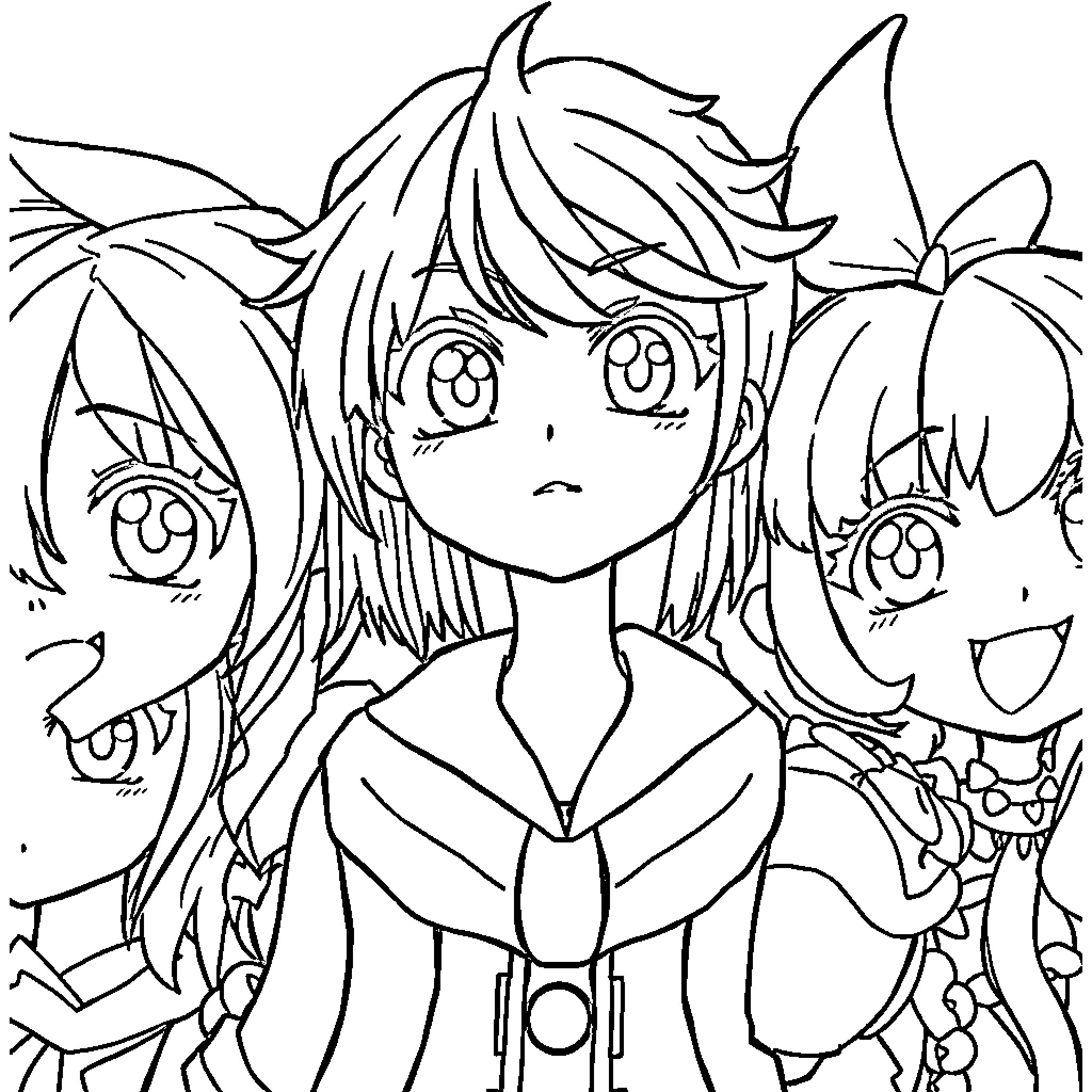 Anime Character in stylish outfit with expressive faces Coloring Page (free black-and-white line drawing printable PDF for all, from beginners to advanced learners, including children, teens, adults, and seniors)