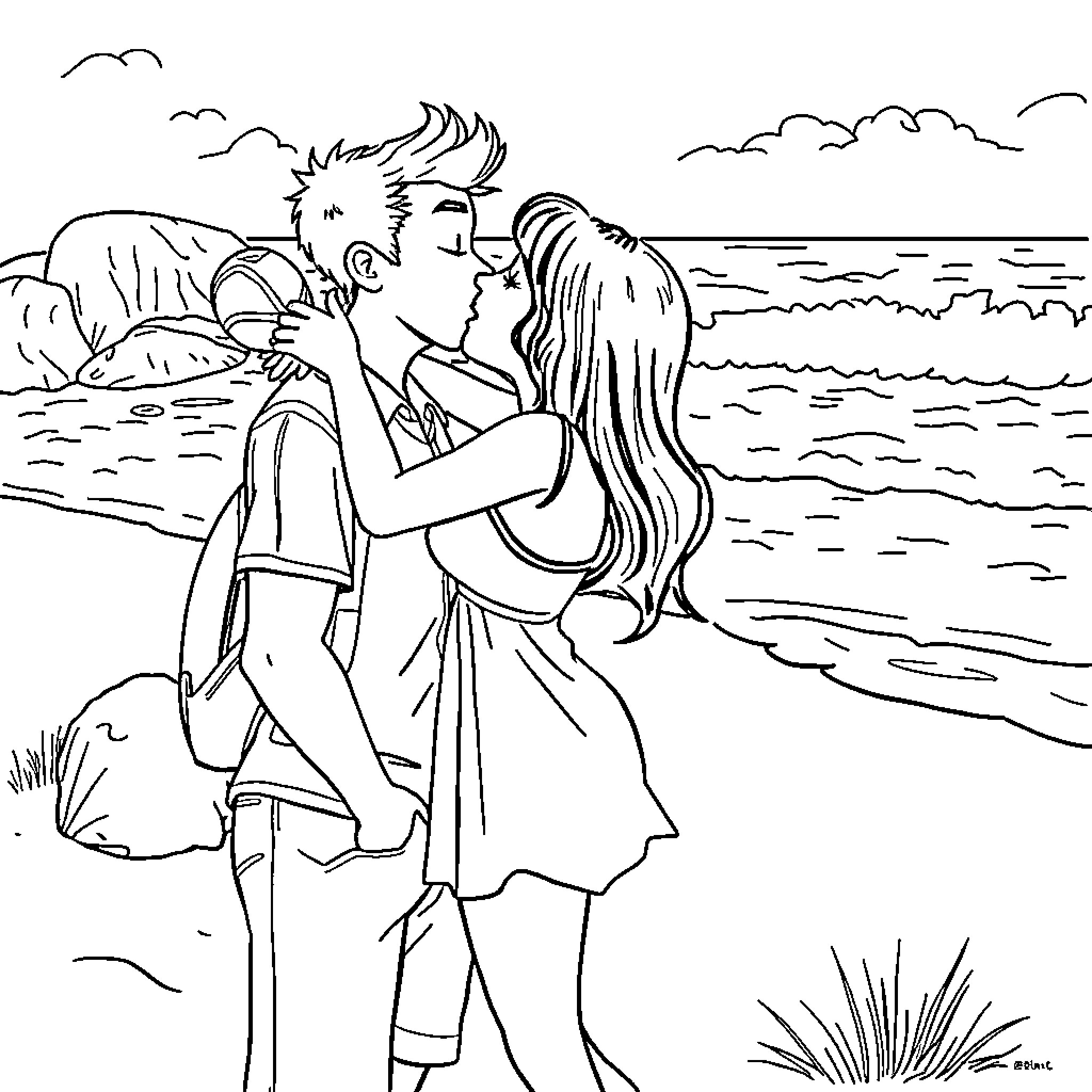 Ruby Roundhouse's romantic embrace on the beach Coloring Page (free black-and-white line drawing printable PDF for all, from beginners to advanced learners, including children, teens, adults, and seniors)