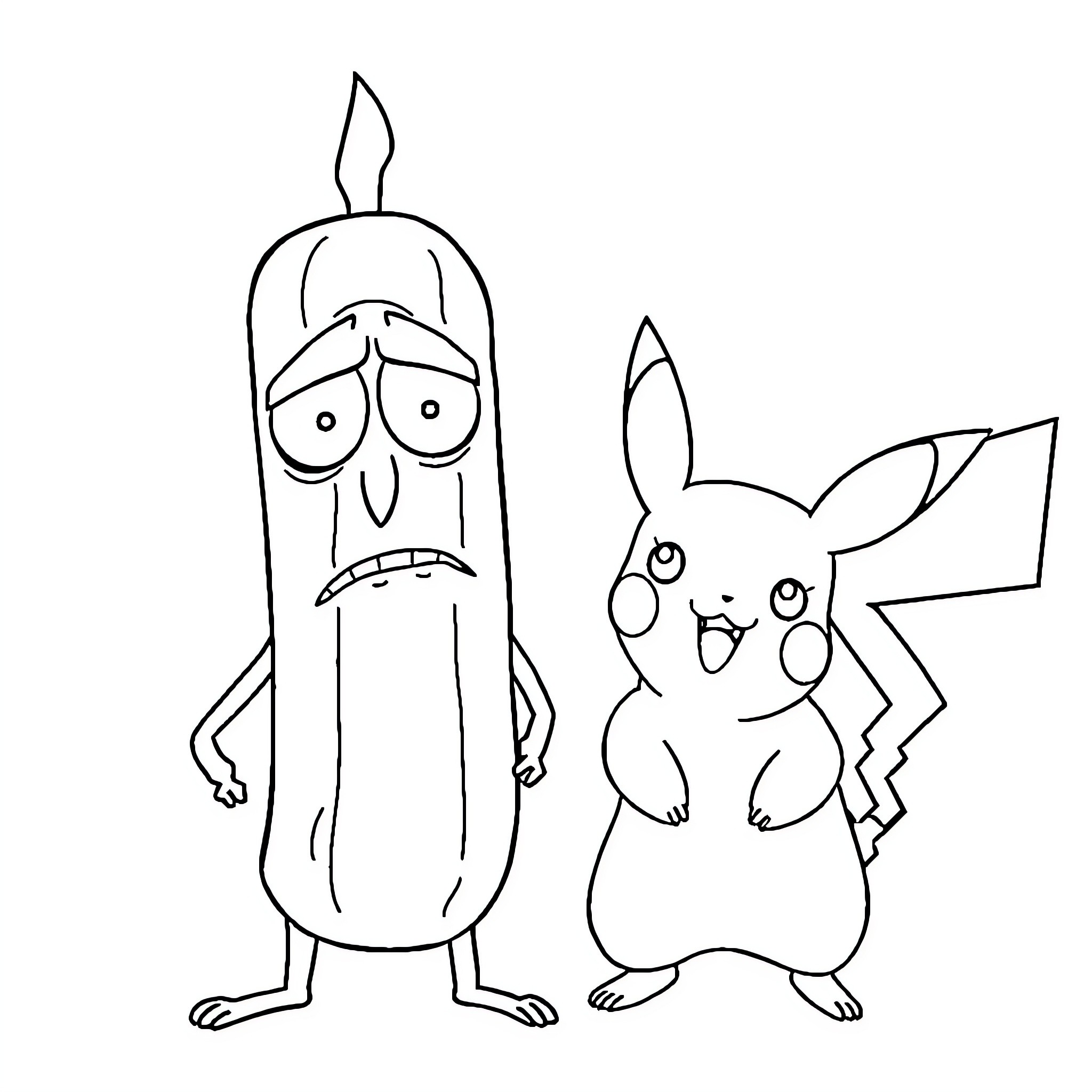 Pickle Rick and Pikachu in Whimsical Encounter Coloring Page (free black-and-white line drawing printable PDF for all, from beginners to advanced learners, including children, teens, adults, and seniors)