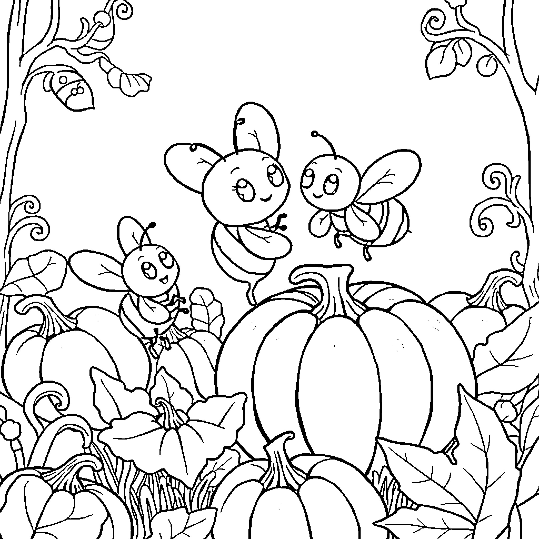Bumblebees playing in a pumpkin patch Coloring Page (free black-and-white line drawing printable PDF for all, from beginners to advanced learners, including children, teens, adults, and seniors)